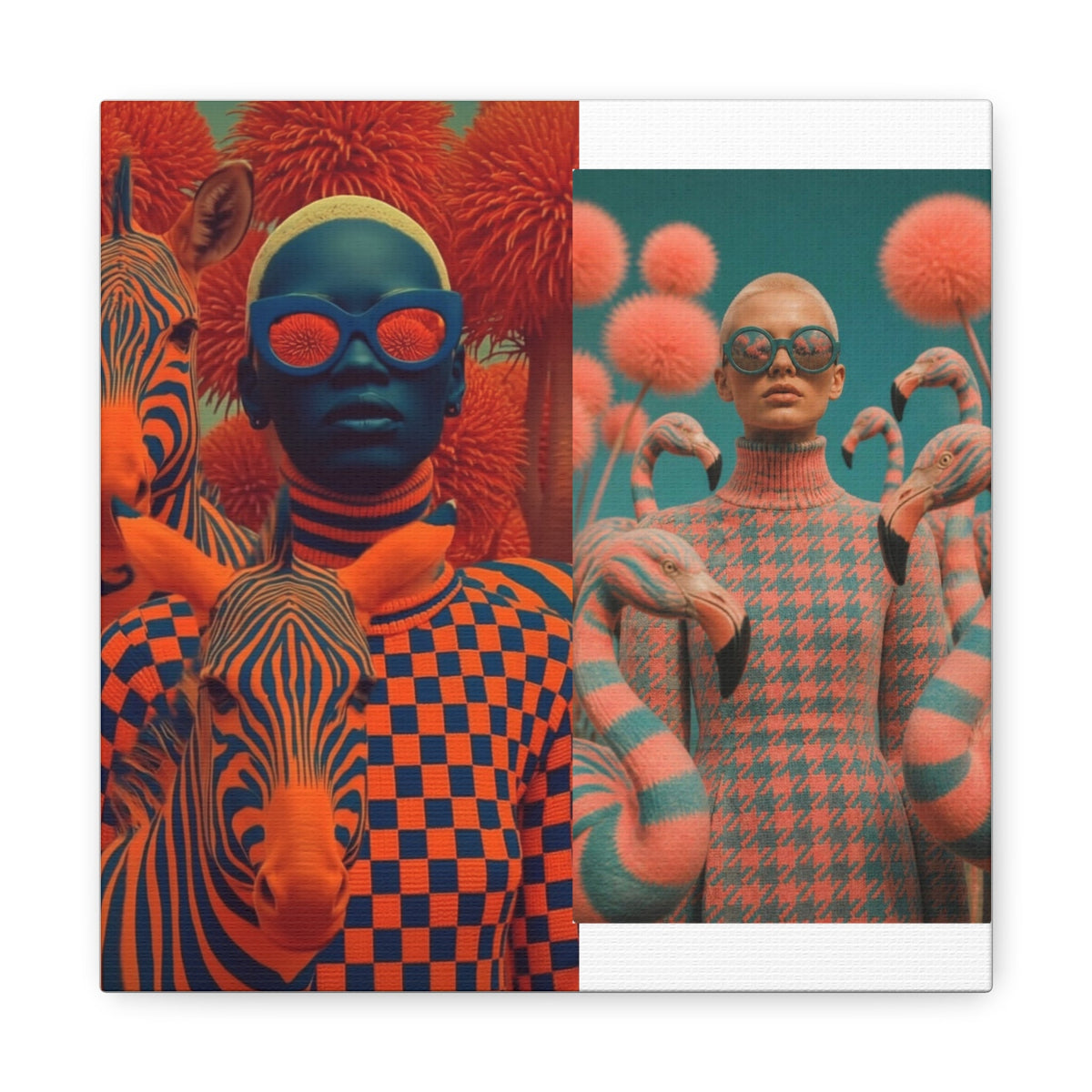 PURETE matte canvas featuring a split-screen surreal art print of models with zebras and flamingos in vibrant colors.