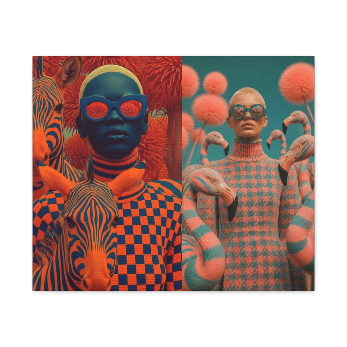 PURETE matte canvas featuring a split-screen surreal art print of two models surrounded by zebras and flamingos.