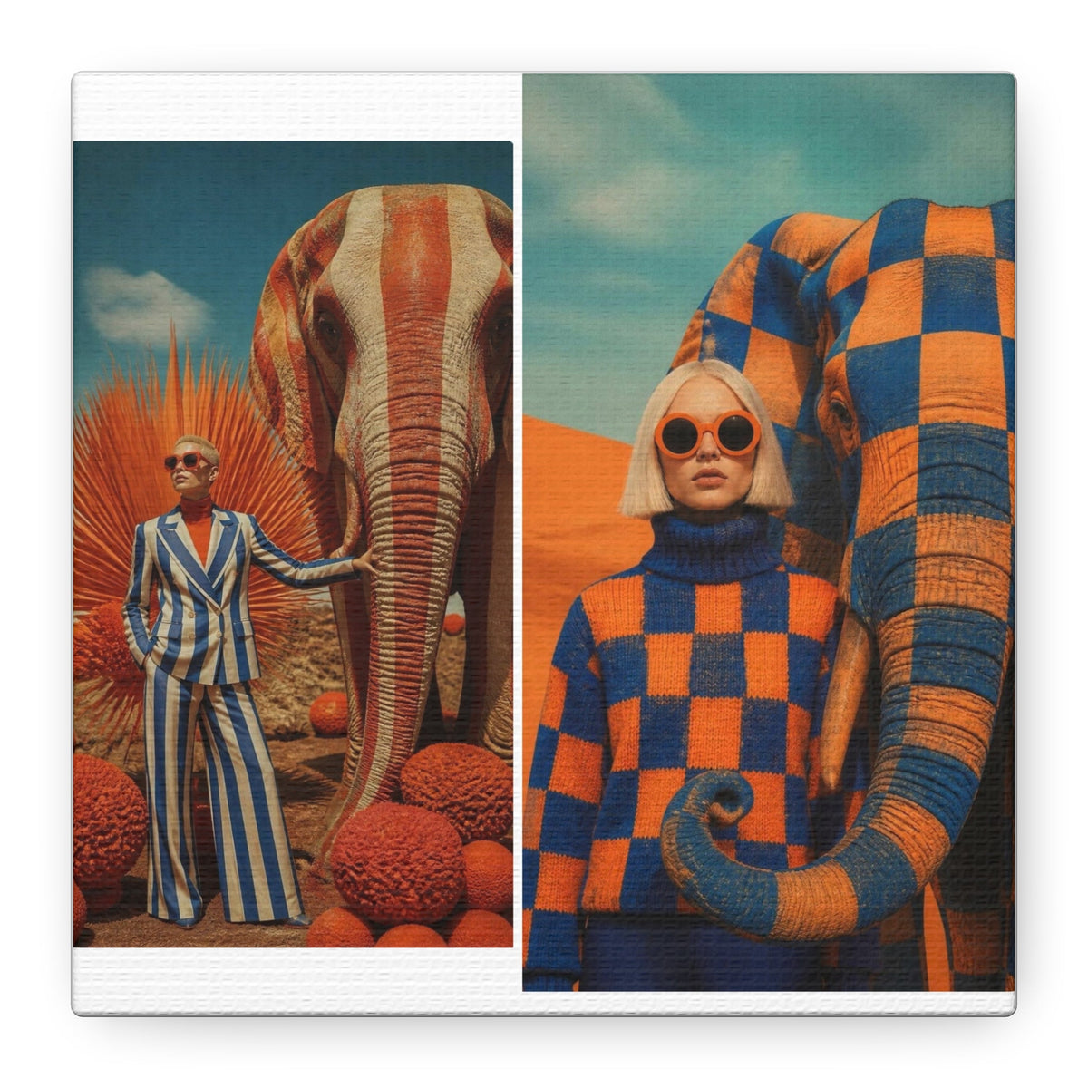 PURETE matte canvas featuring a split-screen surreal art print of women with elephants in a desert landscape.