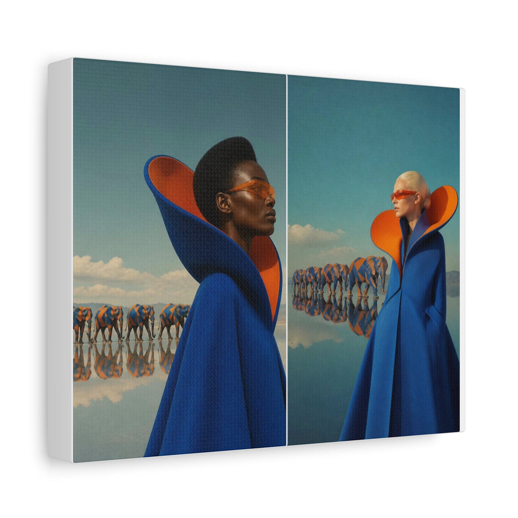 PURETE matte canvas featuring a surreal diptych of two models in blue capes with orange linings and elephant reflections.