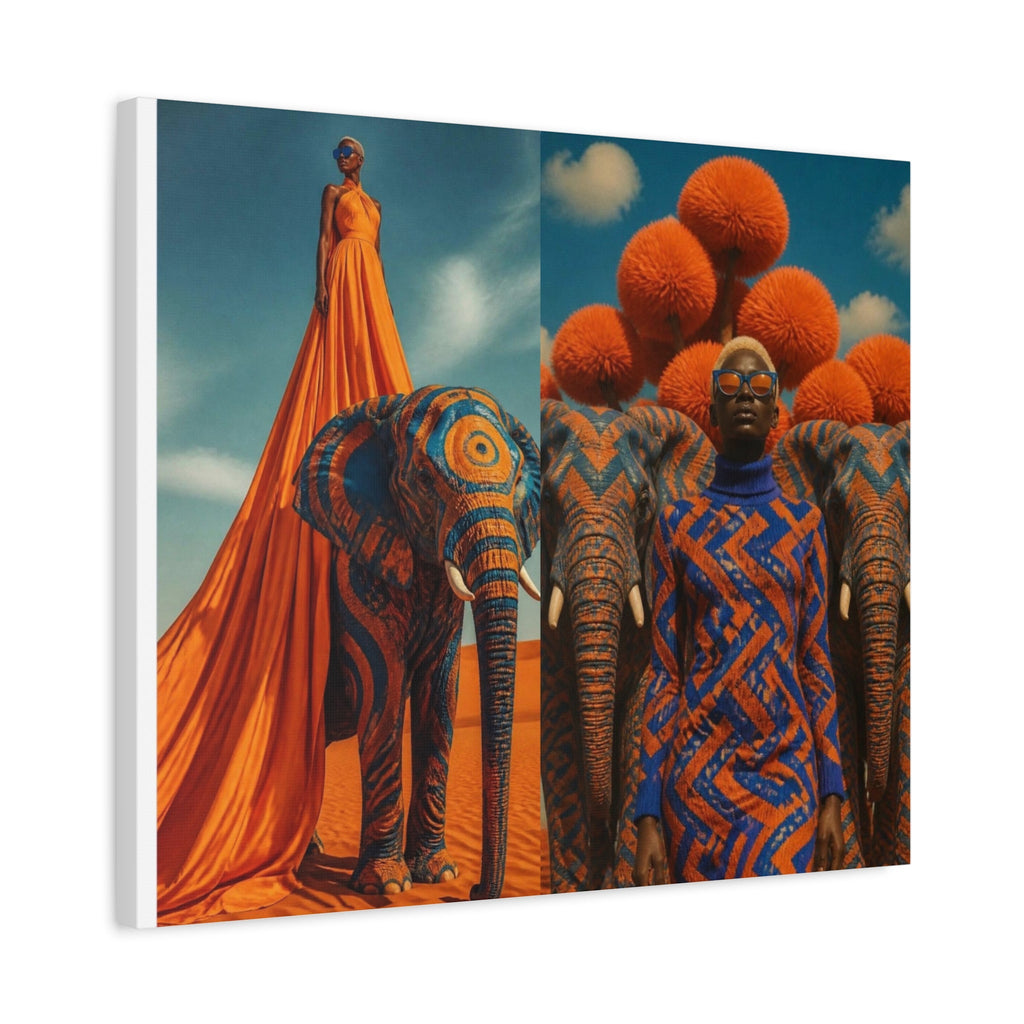 PURETE matte stretched canvas featuring a surreal artistic print of a model with elephants in orange and blue tones.