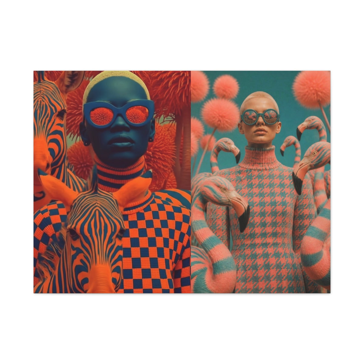 PURETE matte canvas featuring a split design with surreal zebra and flamingo portraits in vibrant orange and blue tones.