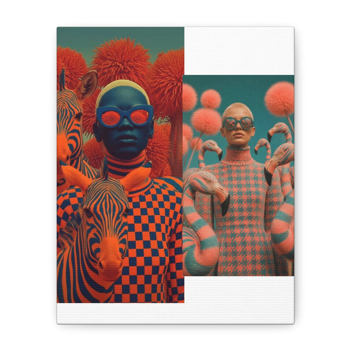 PURETE matte canvas print featuring a surreal collage of models with zebras and flamingos in vibrant orange and blue.