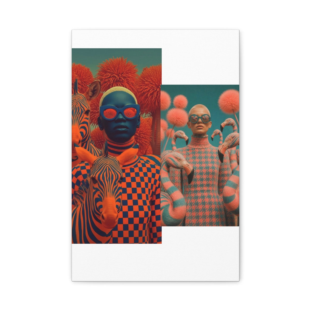 PURETE matte canvas print featuring surreal collage art of models with zebras and flamingos in vibrant orange tones.