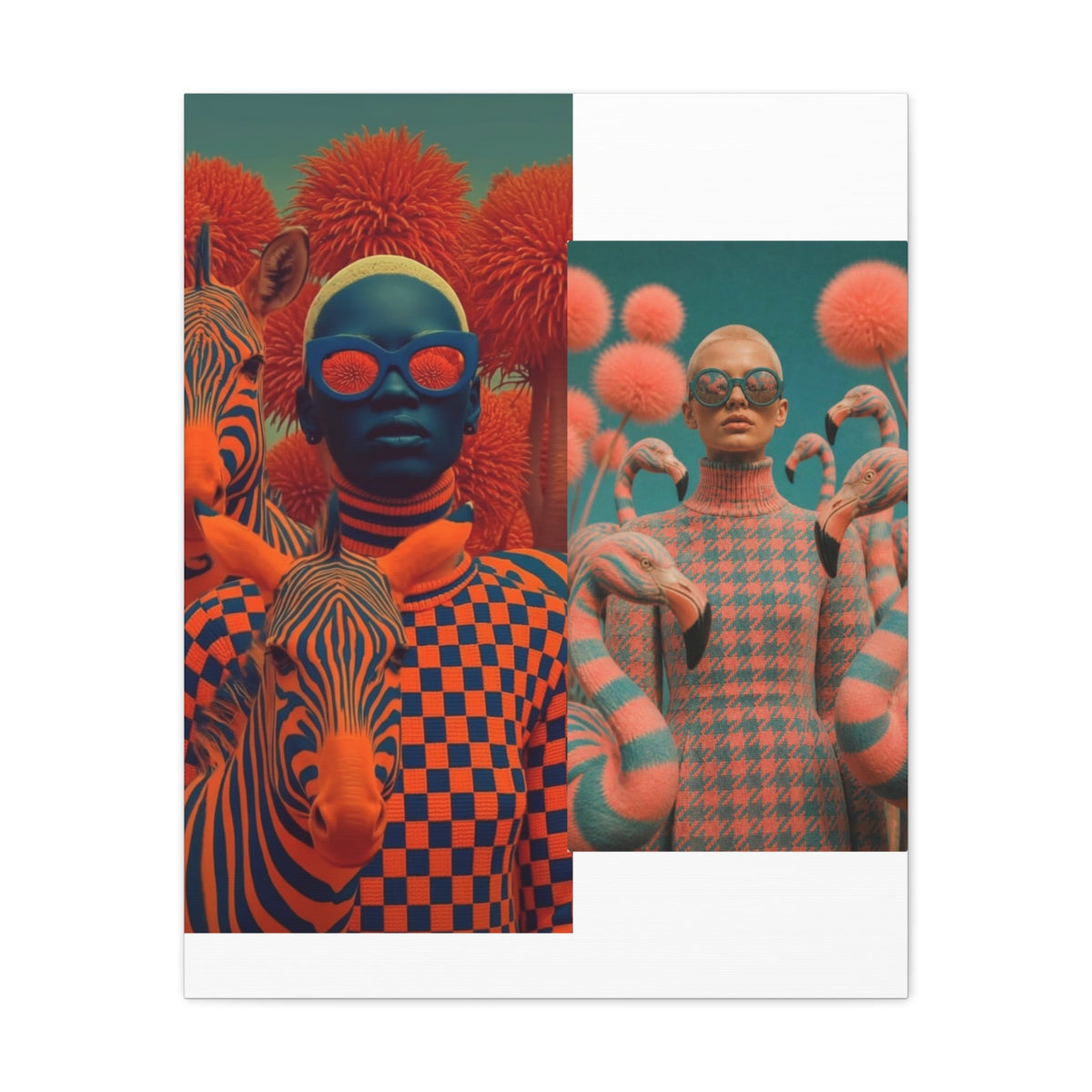 PURETE matte canvas featuring surreal artwork of models with zebras and flamingos in vibrant orange and blue tones.