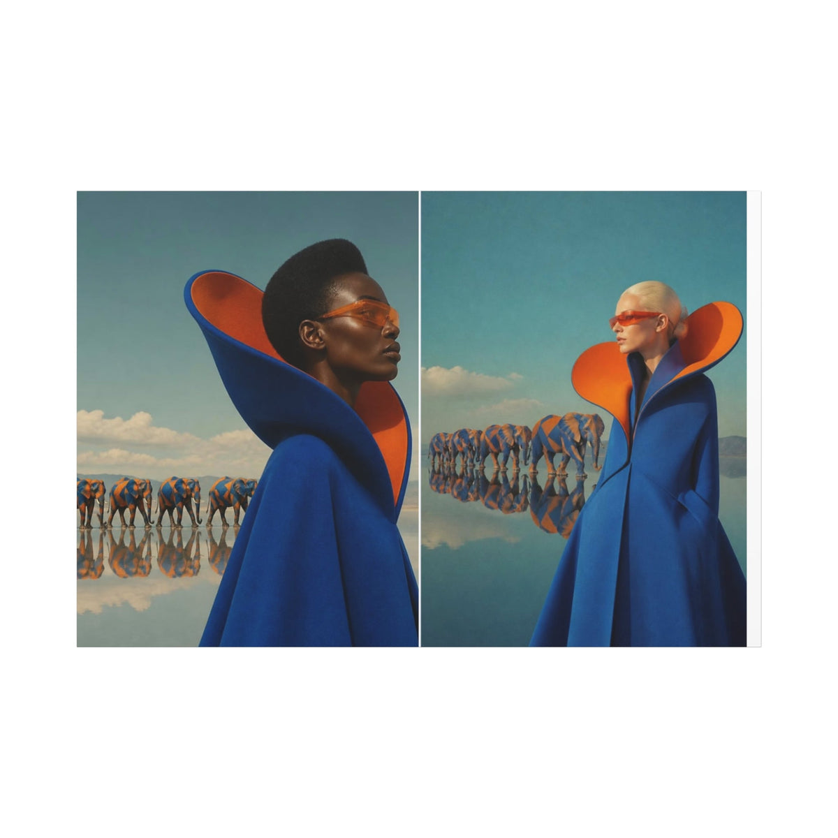 PURETE matte canvas print featuring two models in blue coats with orange collars against a surreal elephant landscape.