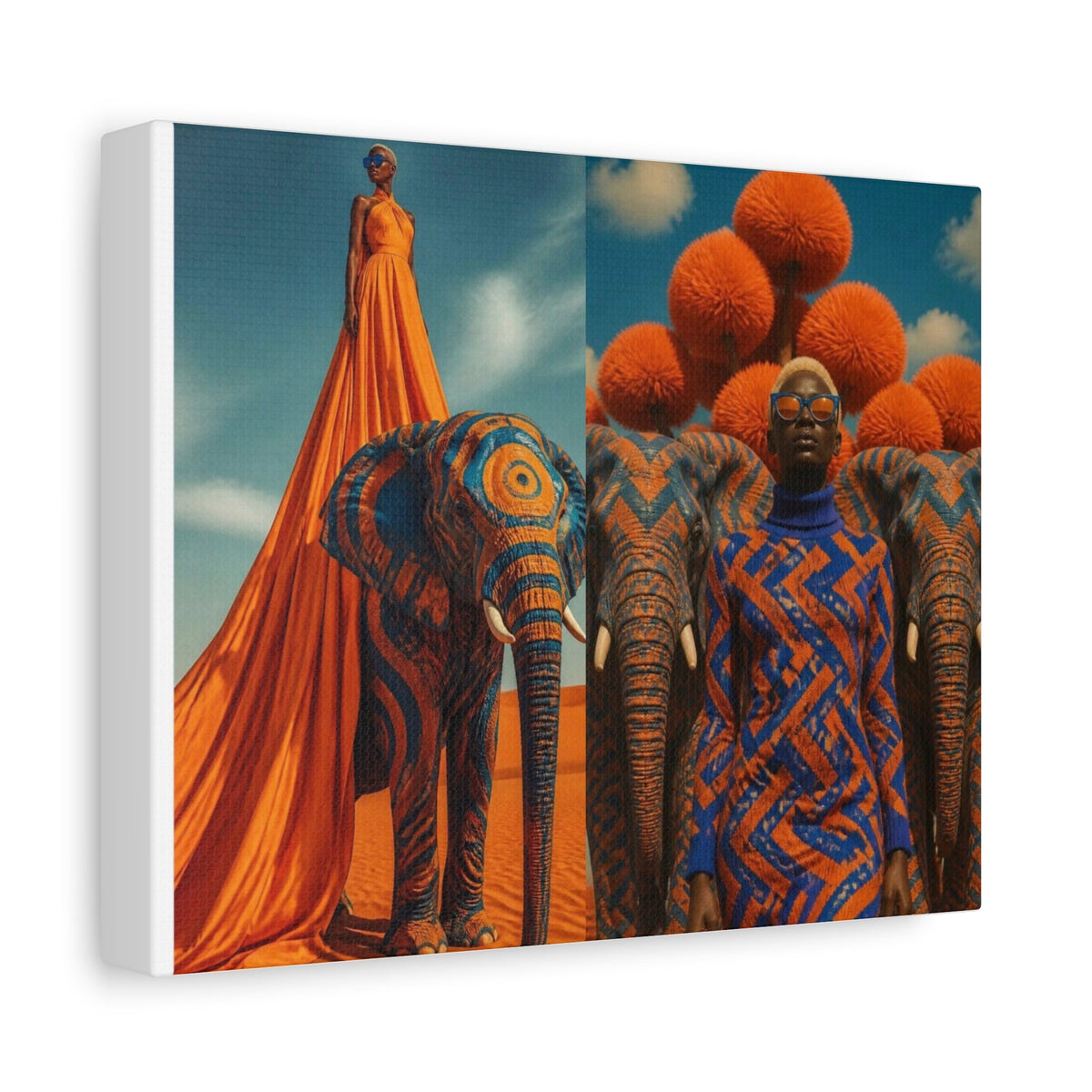 PURETE matte canvas featuring surreal art of models with patterned elephants and orange spheres in a desert landscape.