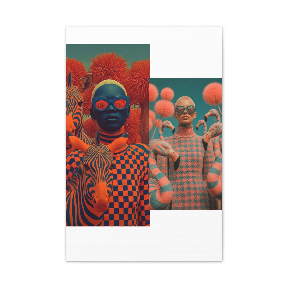 PURETE matte canvas featuring a surreal collage of a person with zebras and a person with flamingos in vibrant orange