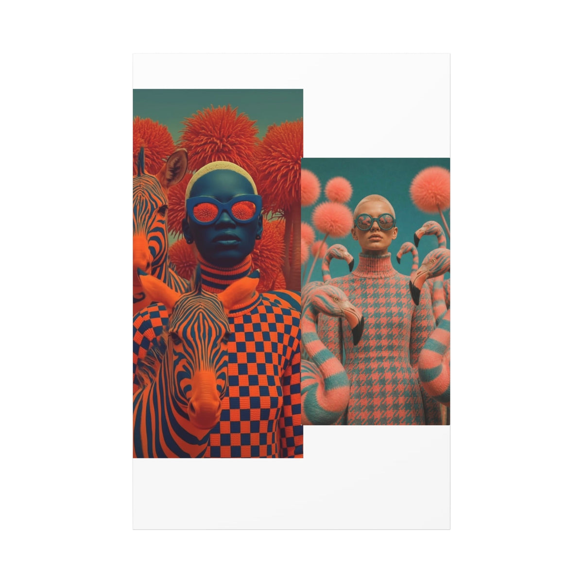 PURETE matte canvas featuring surreal artwork of models with zebras and flamingos in vibrant orange and blue tones.