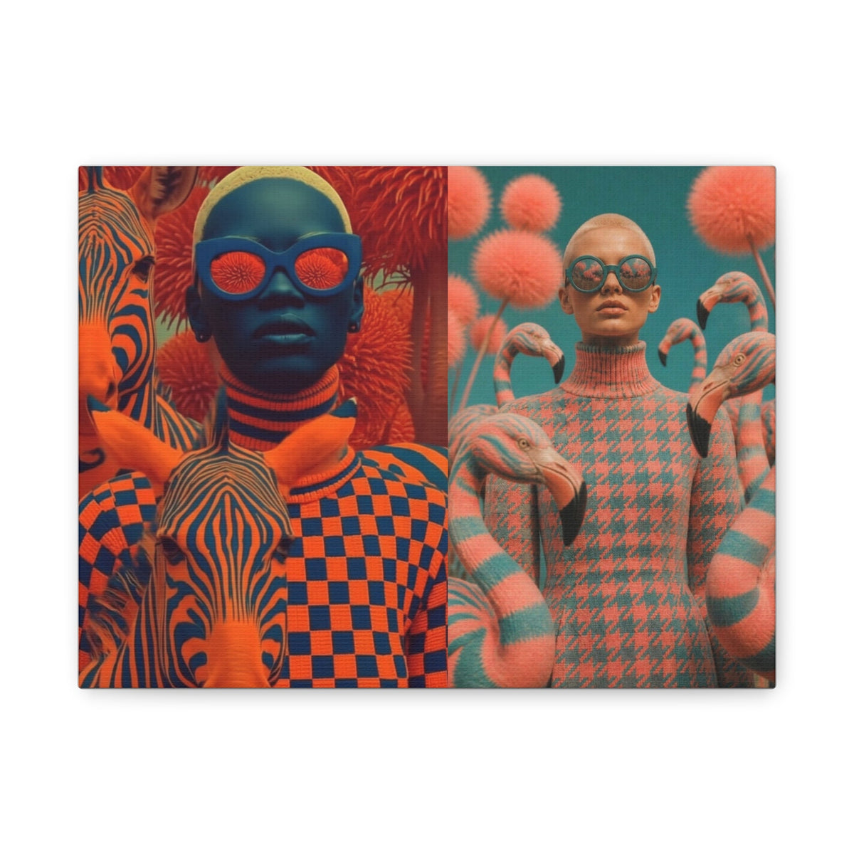 PURETE matte canvas featuring a split-screen surreal art print of a person with zebras and a person with flamingos.