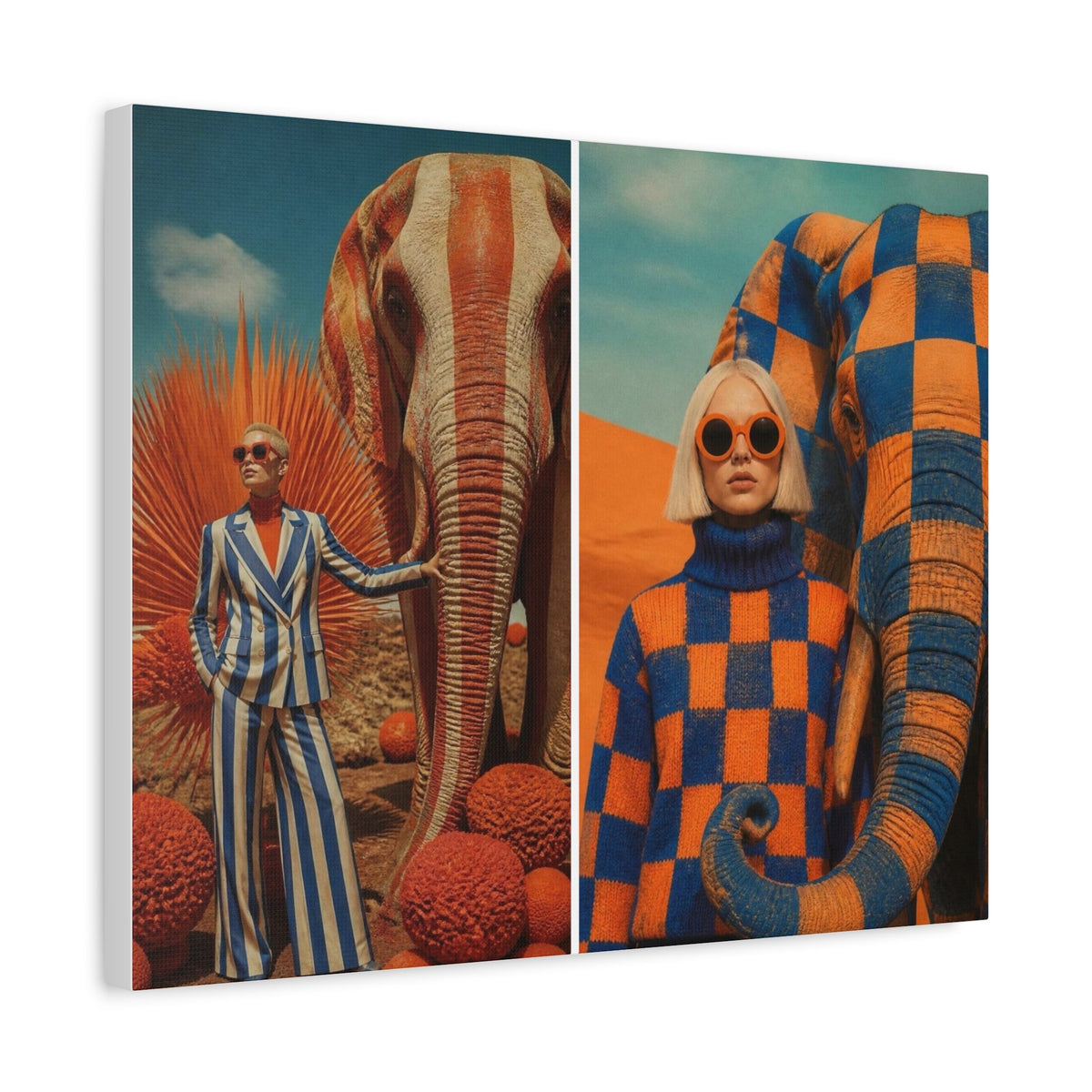 PURETE matte canvas featuring a surreal diptych of models with elephants in orange and blue checkered patterns.