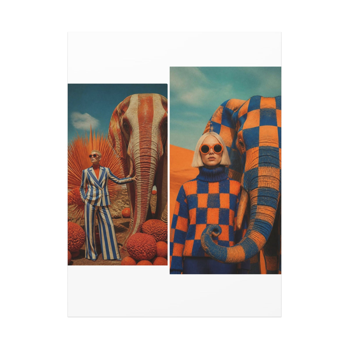 PURETE matte canvas featuring a surreal collage of models with elephants in orange and blue desert landscapes.