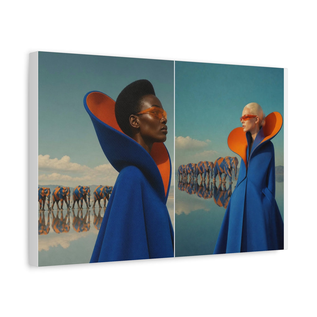 PURETE matte canvas featuring a surreal diptych of two women in blue coats and orange collars with elephants