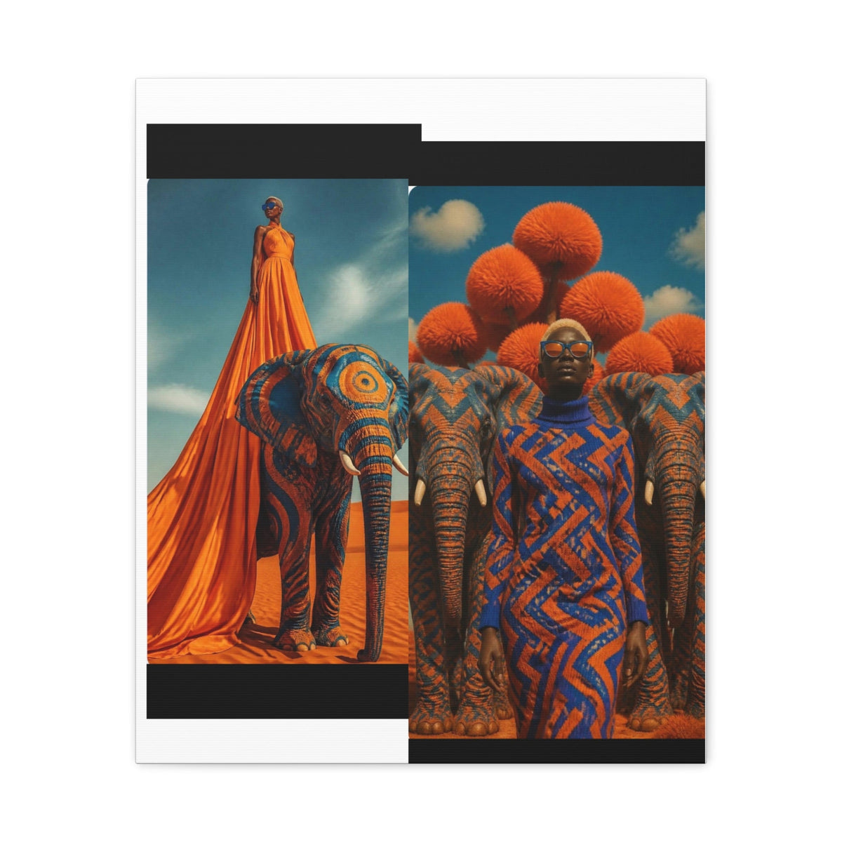 PURETE matte canvas featuring a surreal collage of models in orange and blue patterned outfits with elephants.