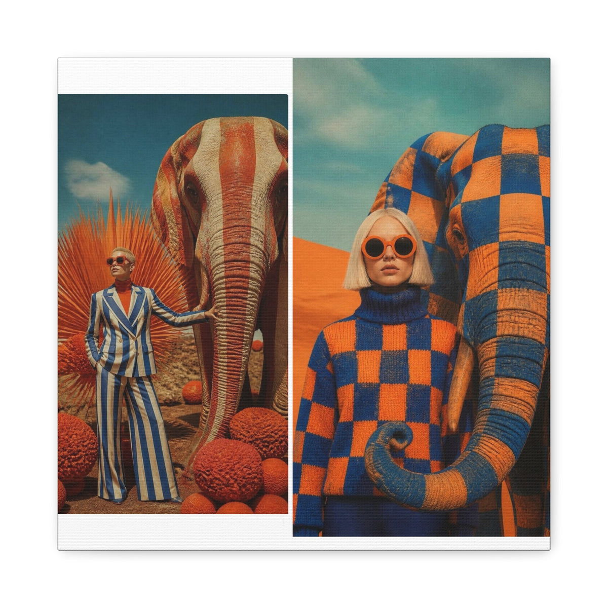 PURETE matte canvas featuring a surreal desert scene with models and patterned elephants in orange and blue tones.