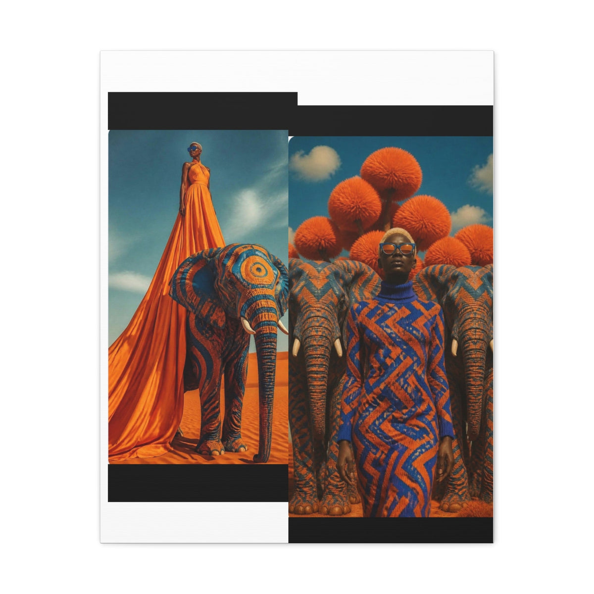 PURETE matte canvas featuring a surreal collage of a woman in an orange dress with elephants and geometric patterns.