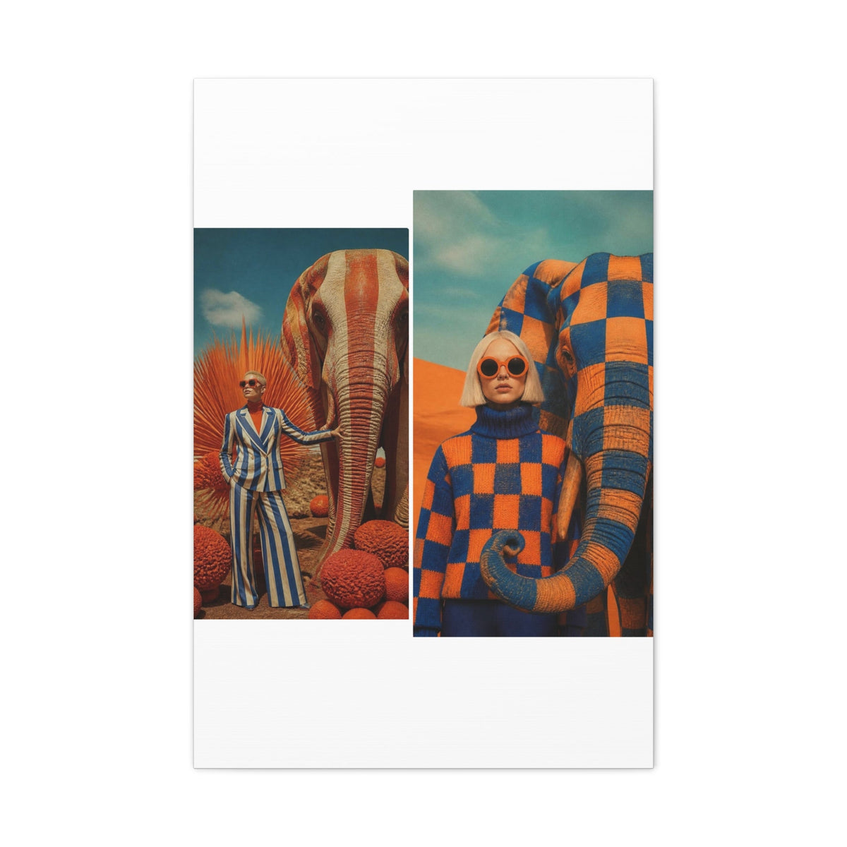 PURETE matte canvas print featuring a surreal collage of a woman with an elephant in orange and blue desert landscapes.