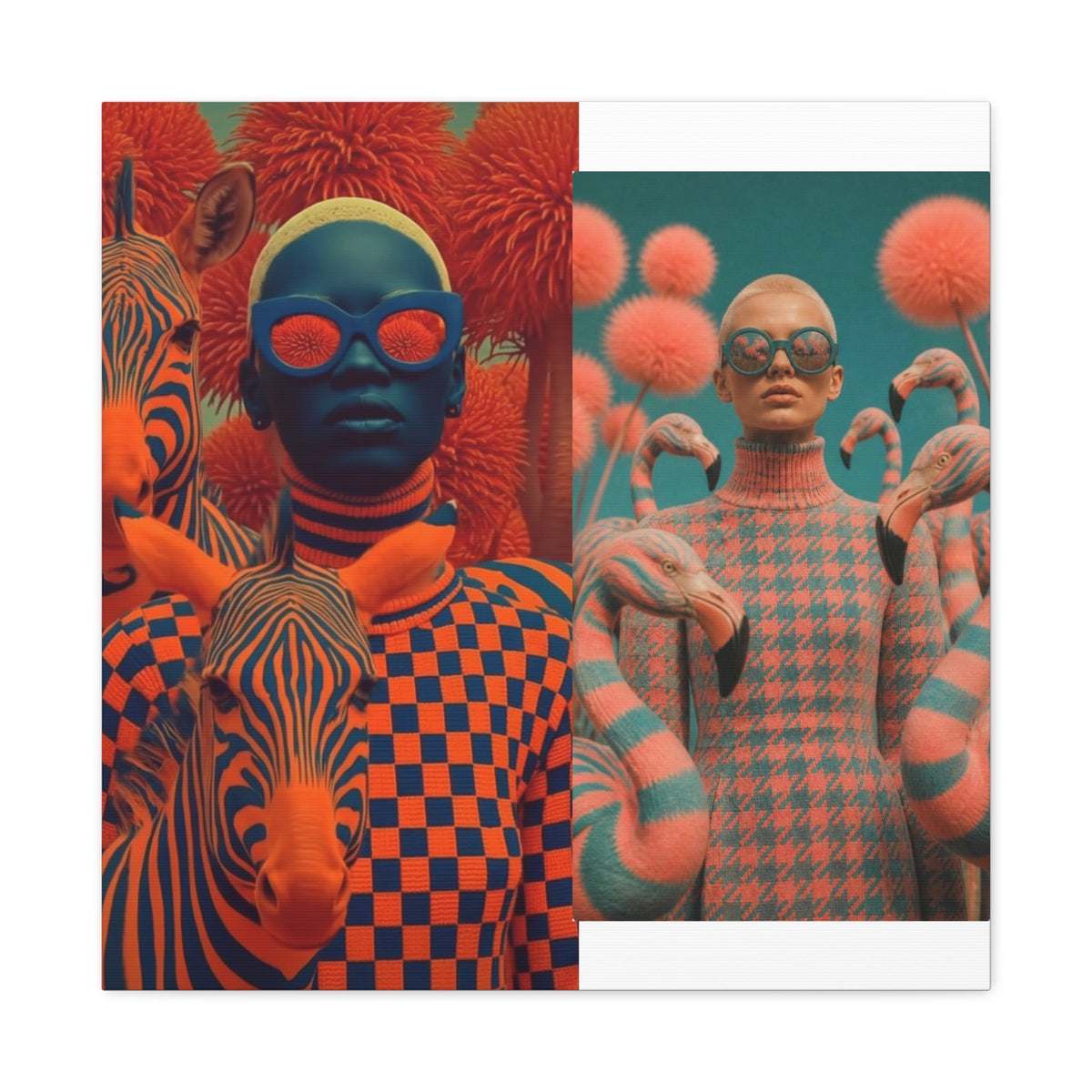 PURETE matte canvas featuring a split design with surreal orange and blue zebra and flamingo fashion photography