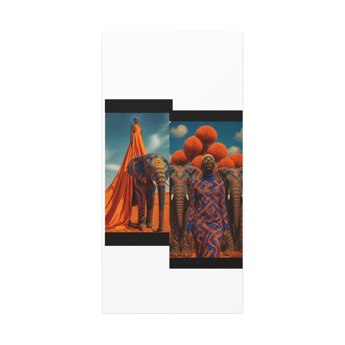 PURETE matte canvas featuring surreal artwork of a person in orange robes with an elephant and patterned figures.