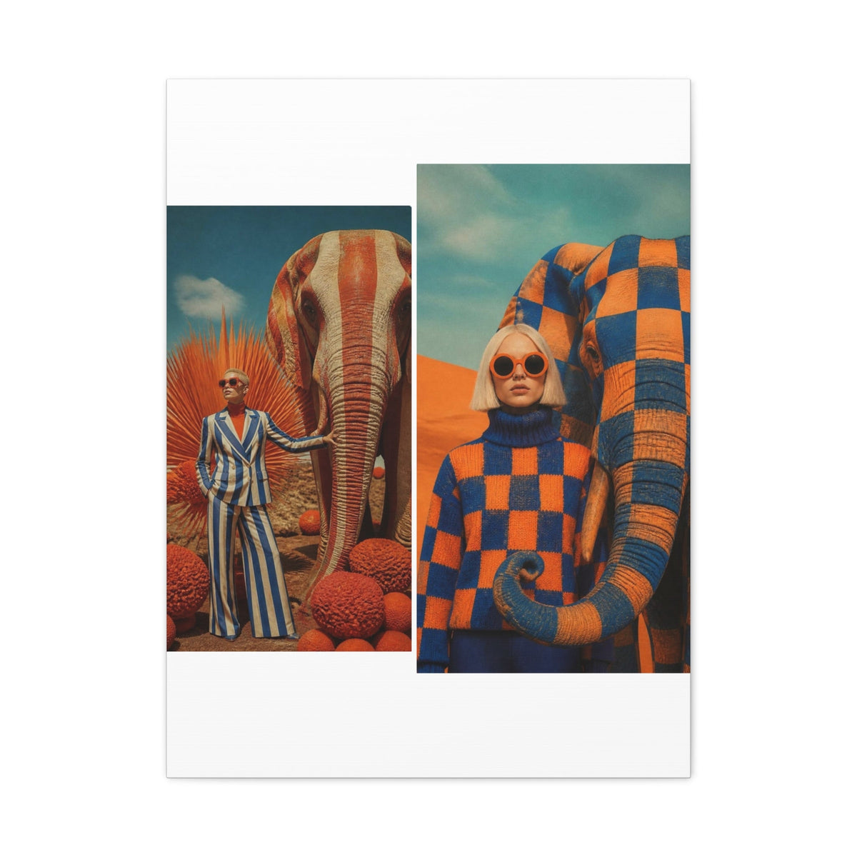 PURETE matte canvas featuring a surreal collage of models with elephants in orange and blue desert landscapes.