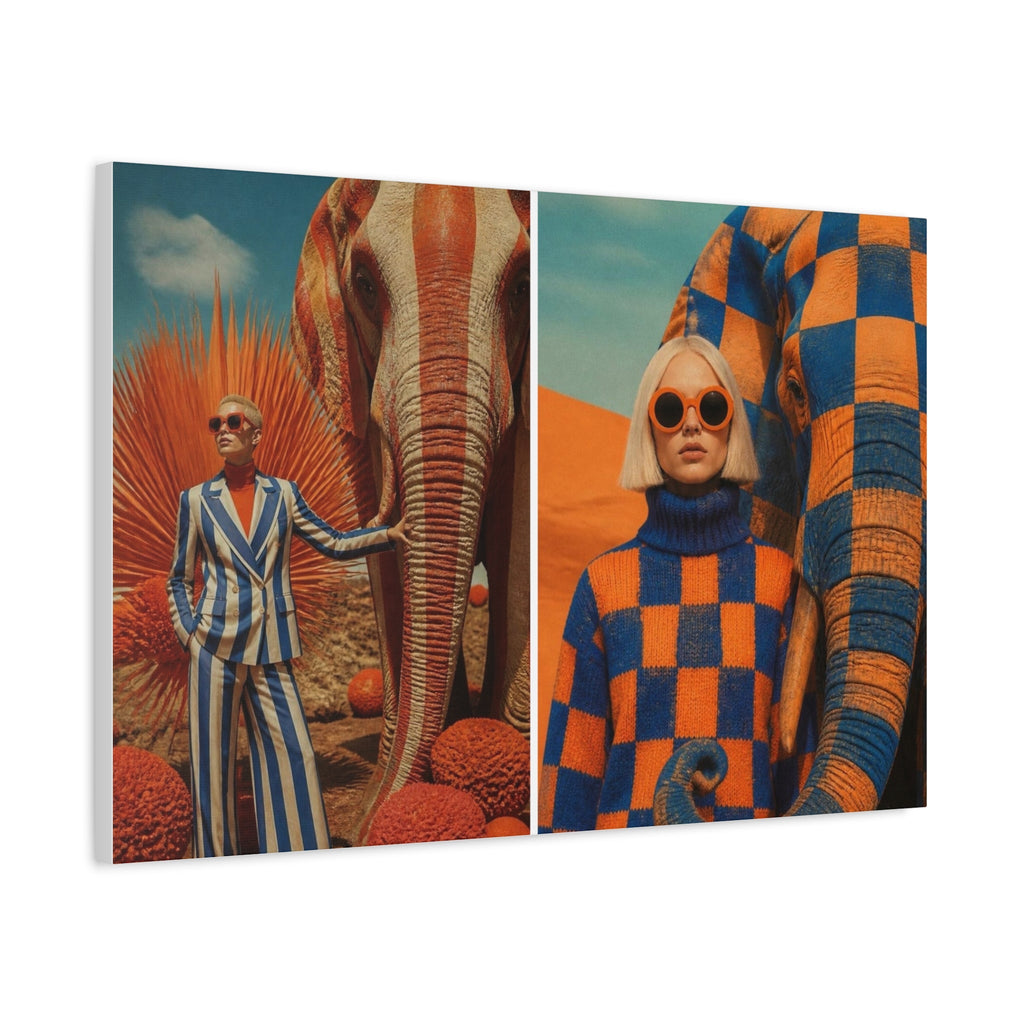 PURETE matte canvas print featuring a split-screen surrealist art piece with models and elephants in vibrant colors.