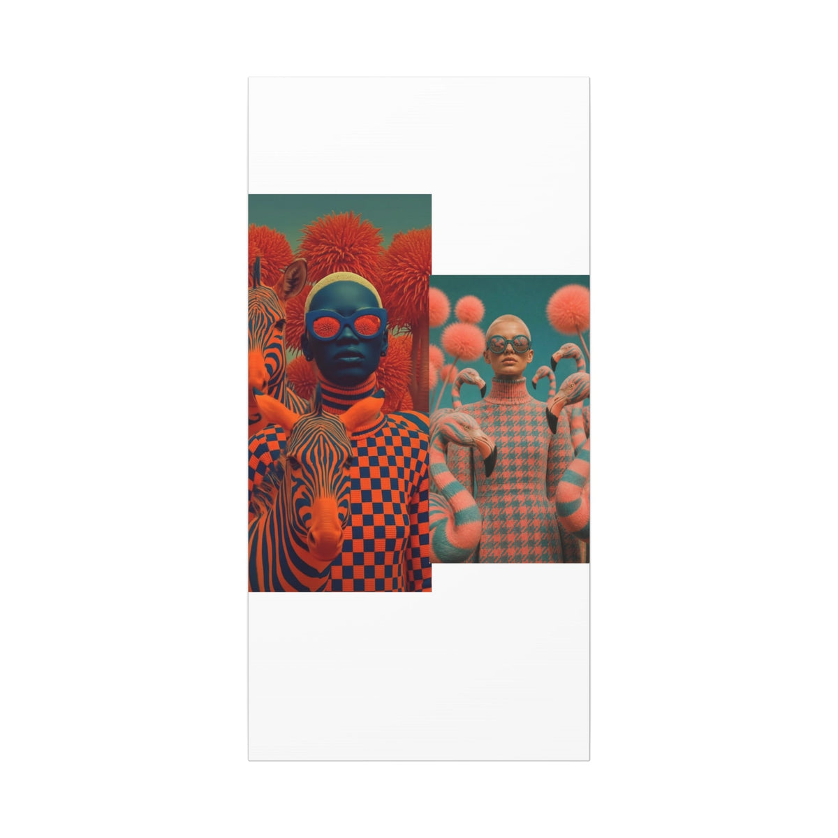 PURETE matte canvas featuring a surreal collage of a person with zebras and a person with flamingos in orange and blue.