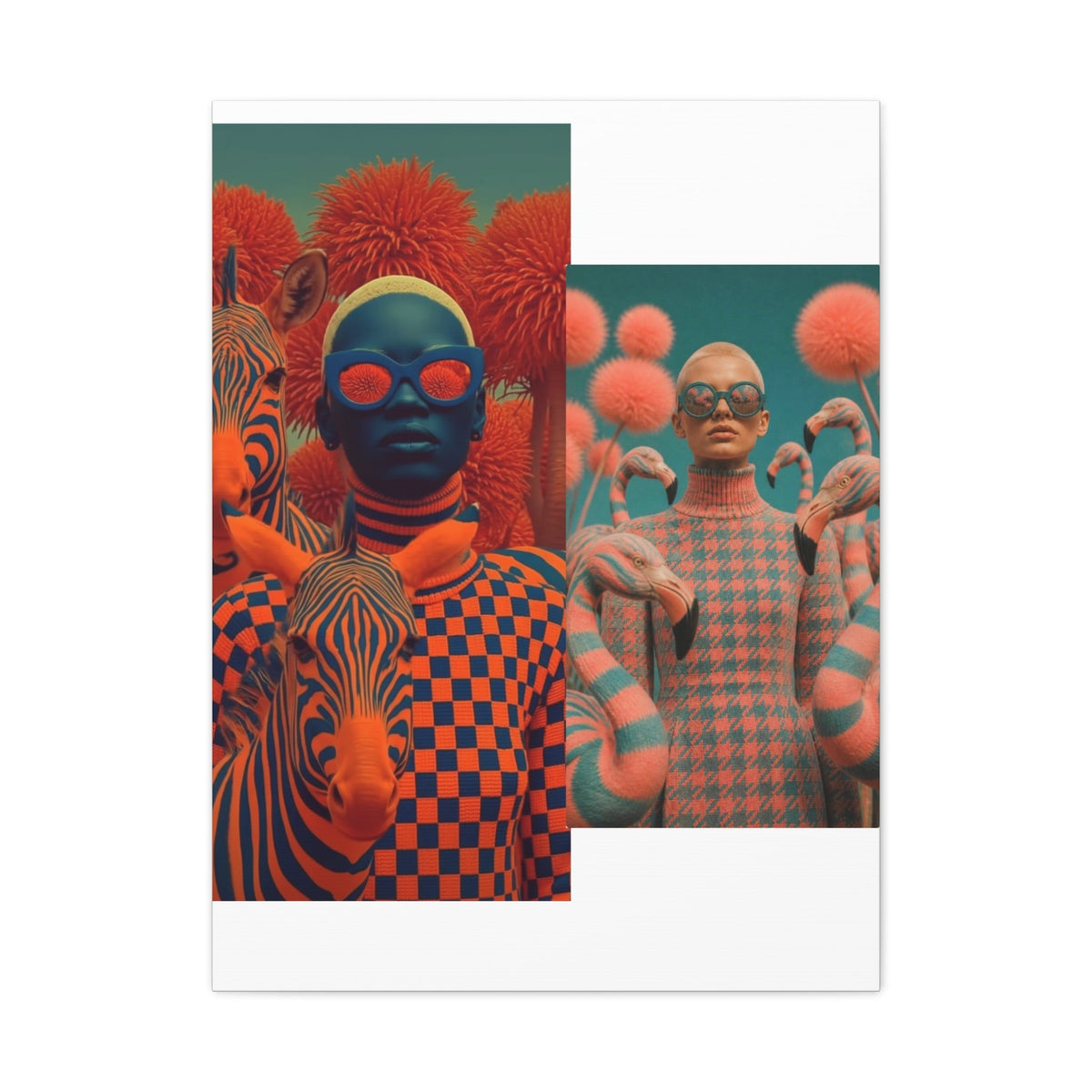 PURETE matte stretched canvas featuring a surreal collage of models with zebras and flamingos in vibrant orange tones.