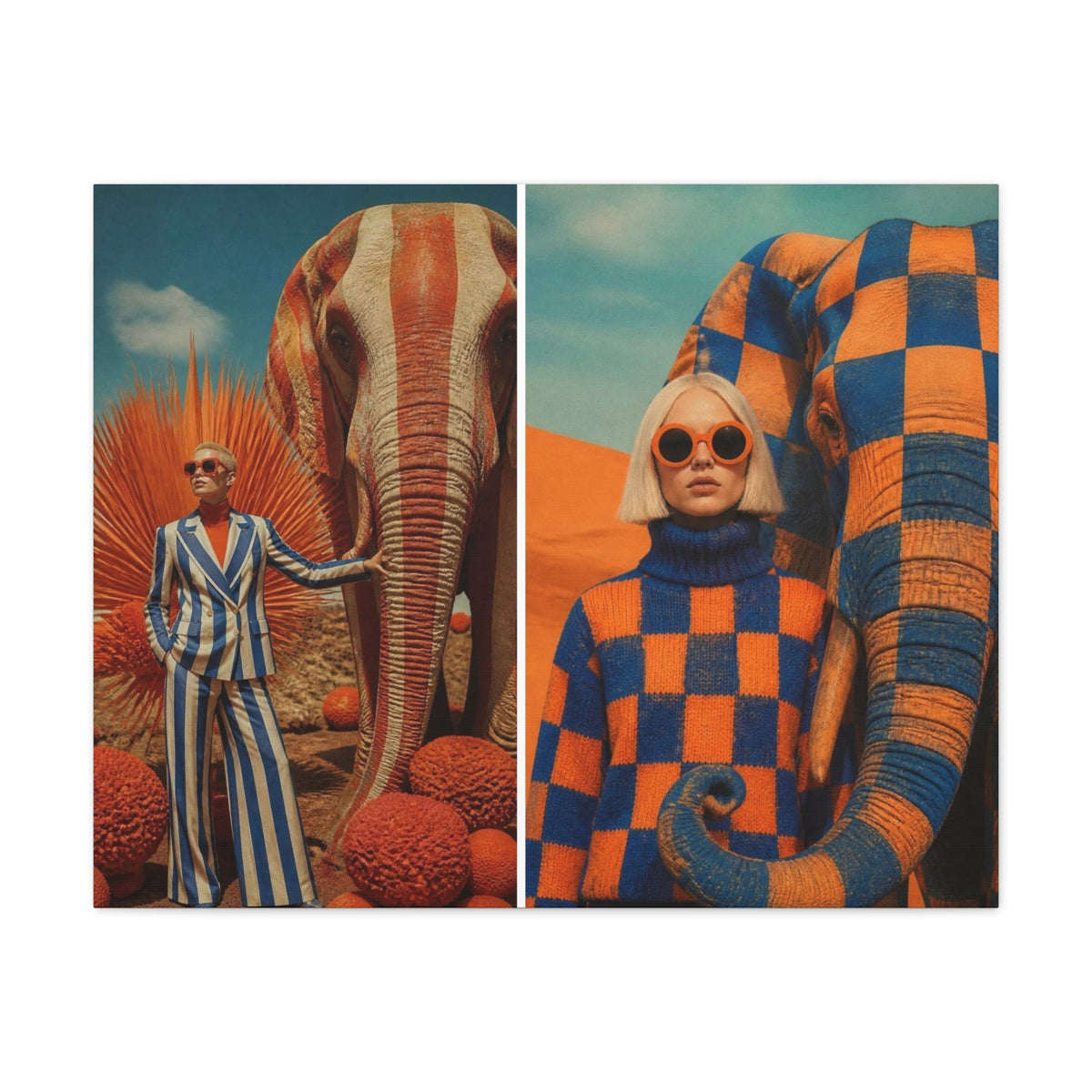 PURETE matte canvas featuring a surreal desert scene with a woman in a striped suit and a checkered sweater with elephants