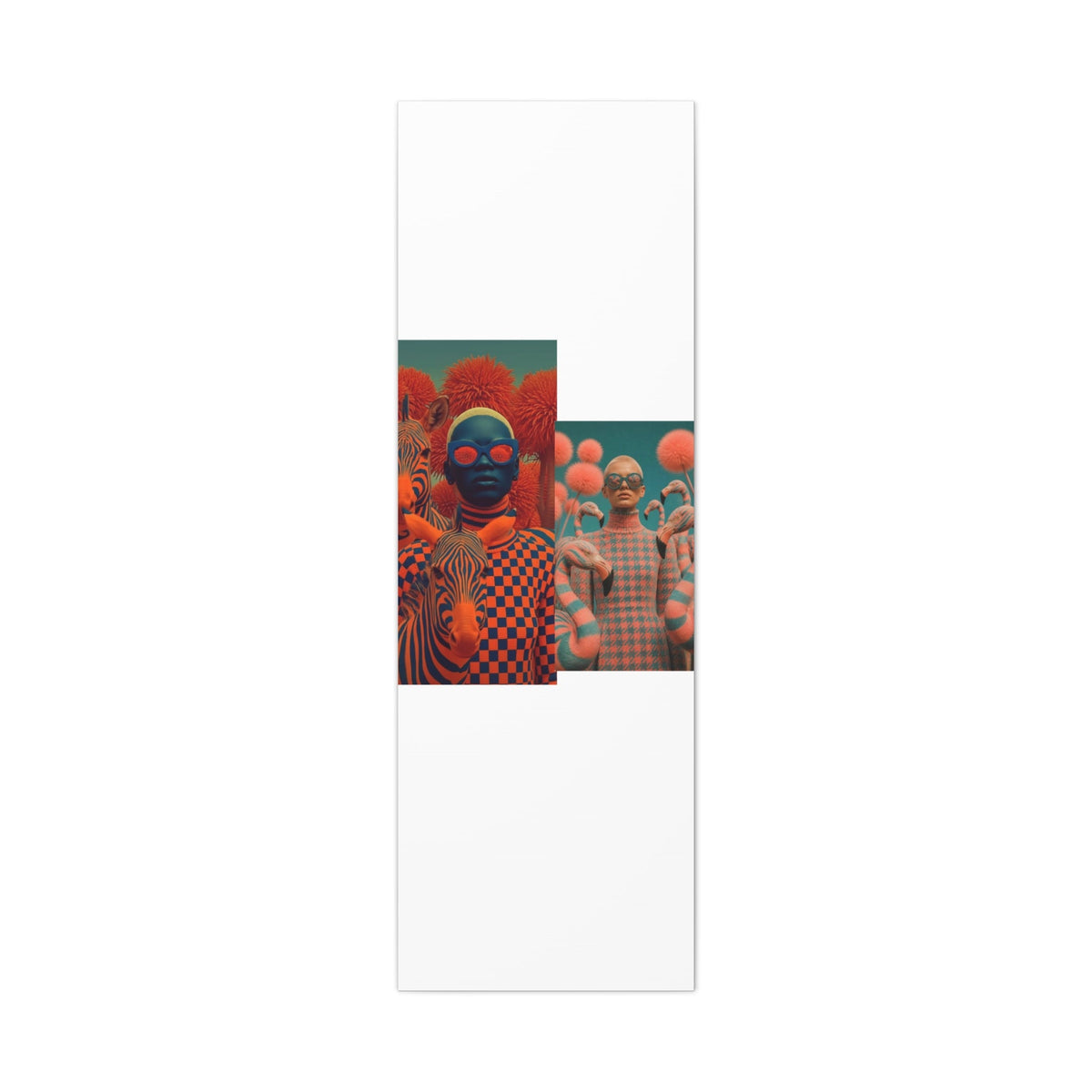 PURETE matte canvas featuring a surreal collage of fashion-forward figures, zebras, and vibrant orange textures.