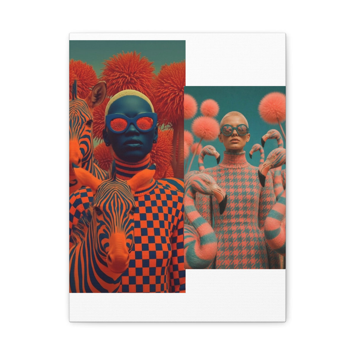 PURETE matte canvas featuring a surreal collage of people with zebras and flamingos in vibrant orange and blue tones.