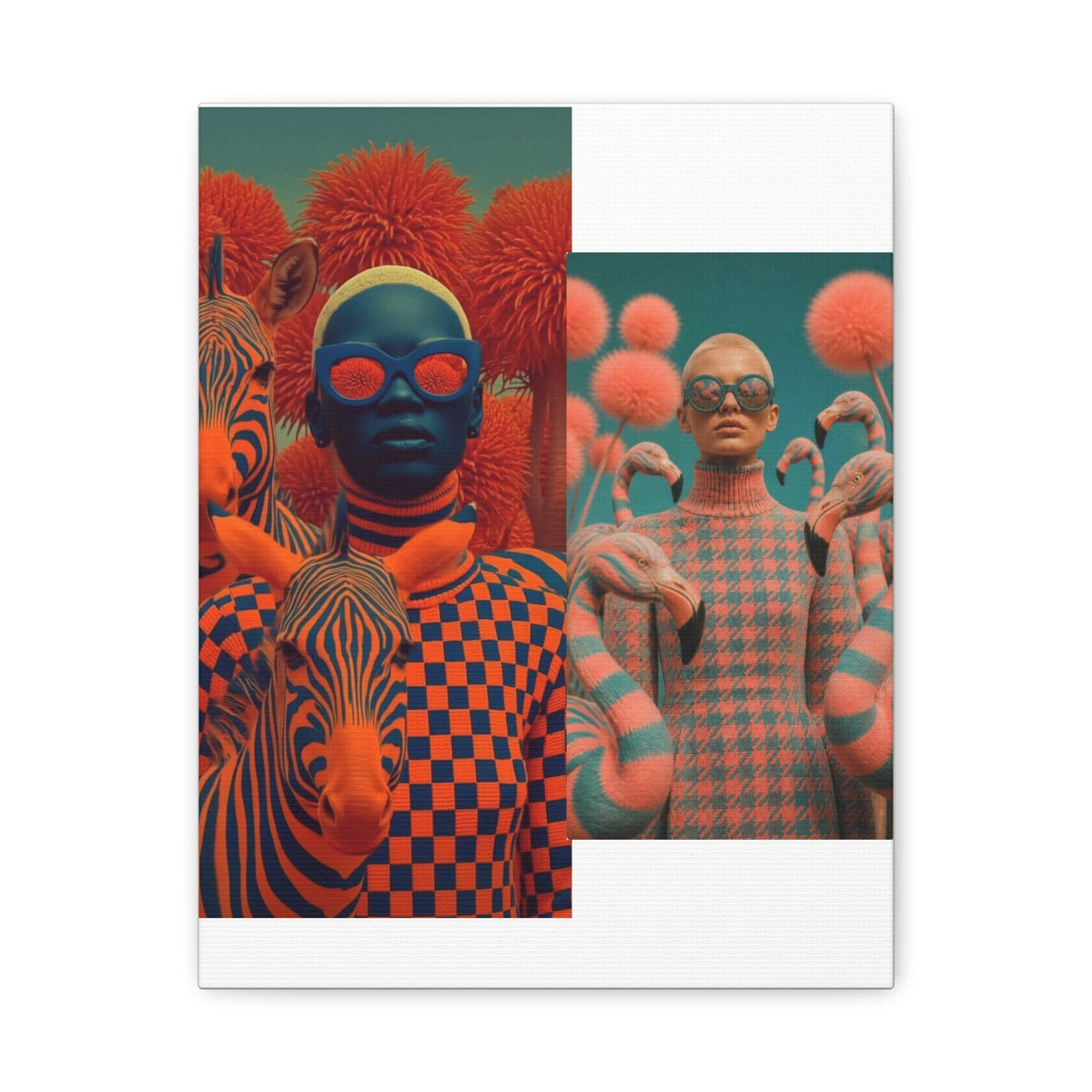 PURETE matte canvas featuring a surreal collage of models with zebras and flamingos in vibrant orange and blue tones.