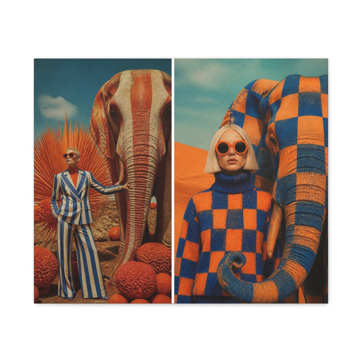 PURETE matte canvas featuring a split-screen surreal desert scene with stylized elephants and fashionable models.