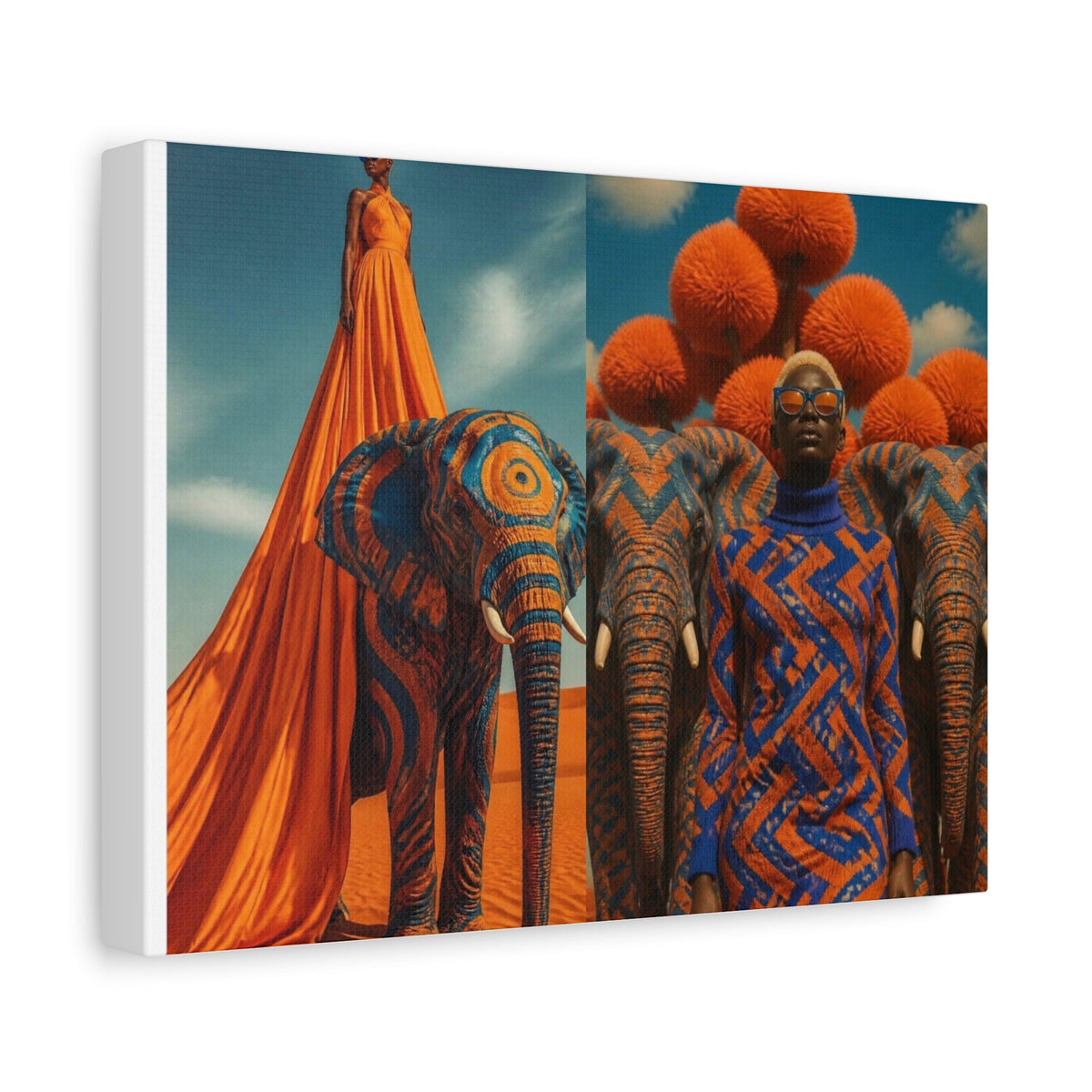 PURETE matte stretched canvas featuring a surreal artistic print of models and patterned elephants in orange and blue.