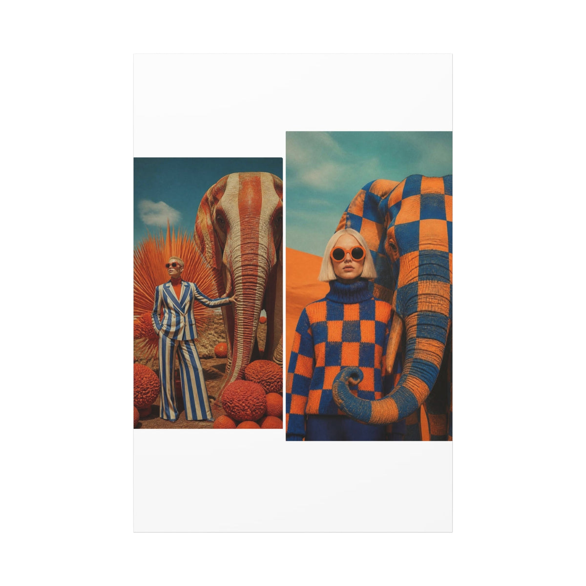PURETE matte canvas featuring a surreal collage of a woman in a striped suit and a woman in a checkered sweater with elephants.