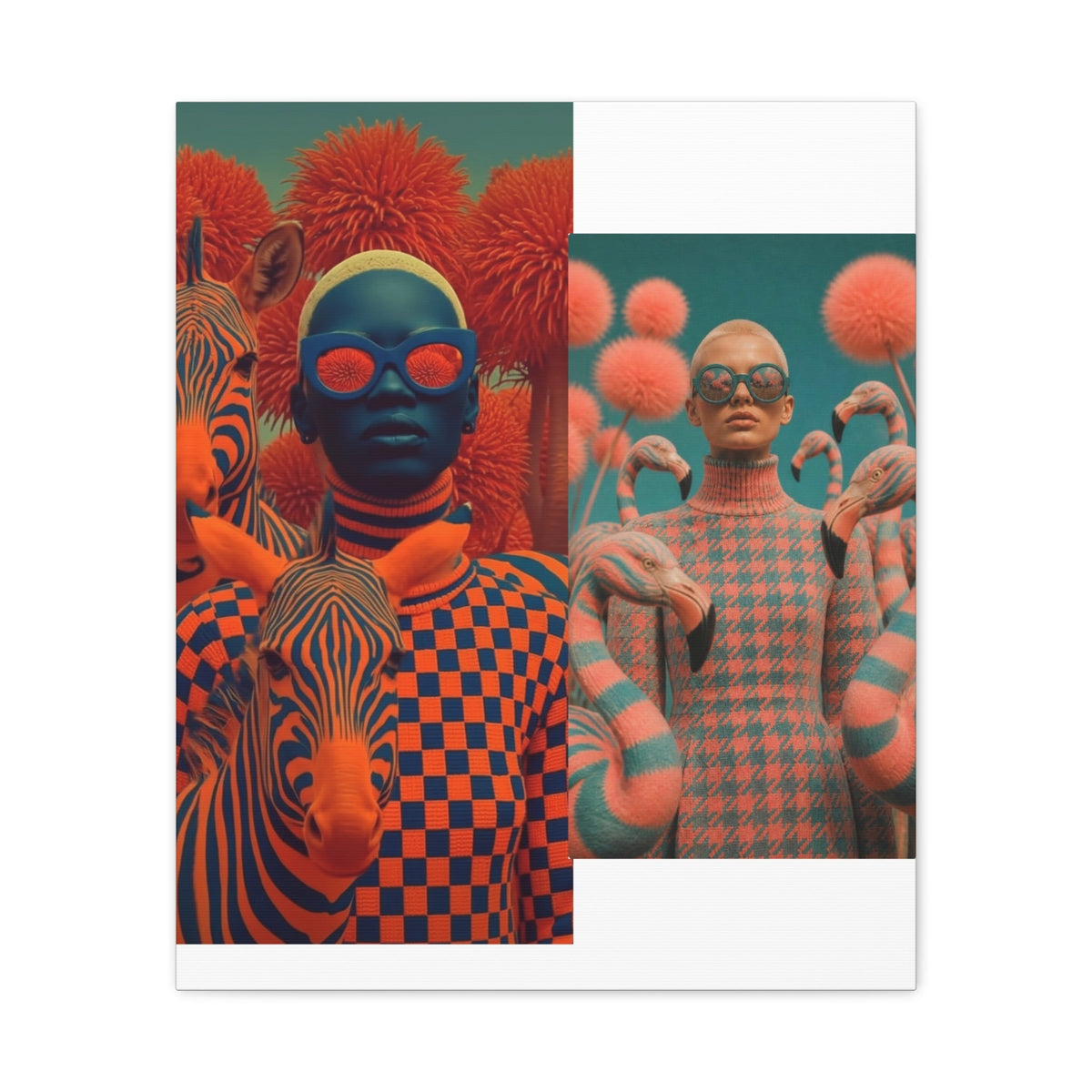 PURETE matte canvas print featuring a surreal collage of models with zebras and flamingos in vibrant orange and blue.