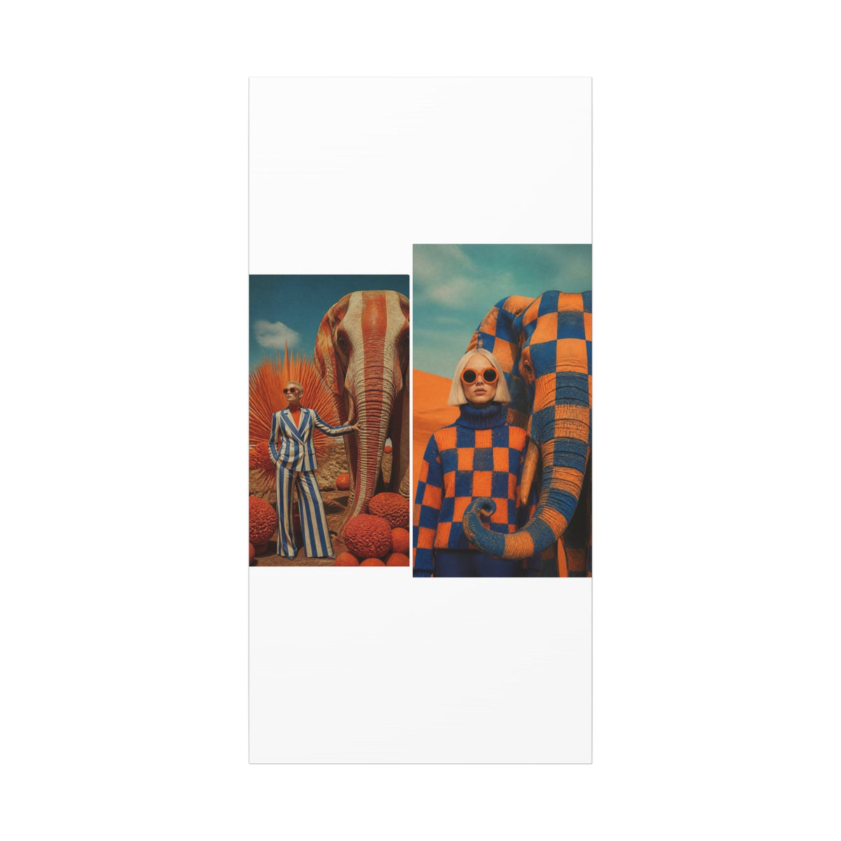 PURETE matte stretched canvas featuring a surreal collage of two women with orange and blue patterned elephants.