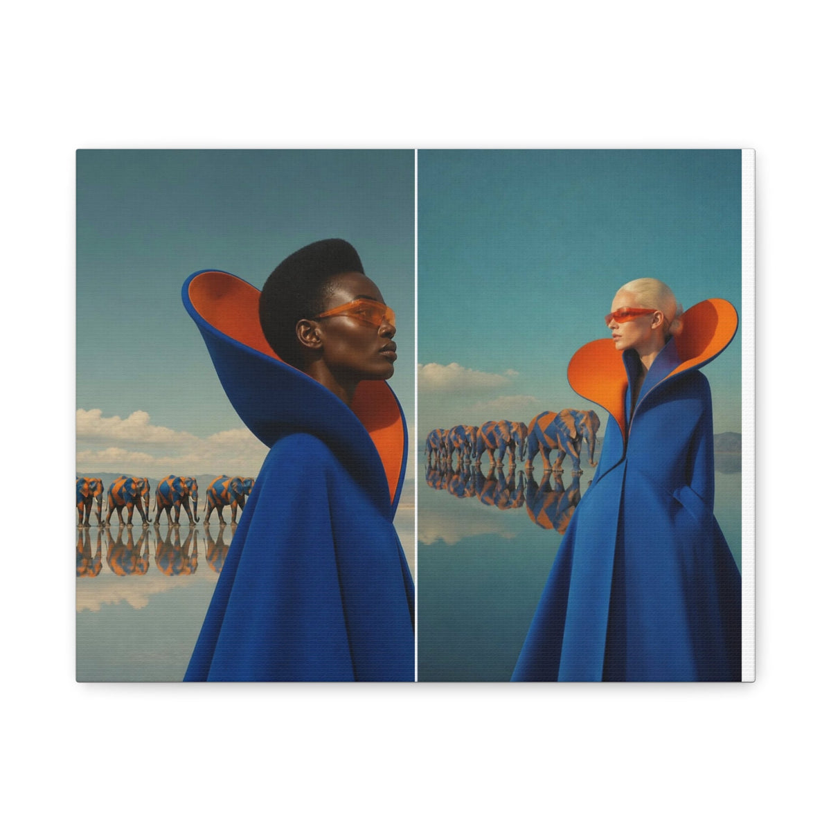 PURETE matte canvas print featuring two models in blue coats with orange collars against a surreal elephant landscape.