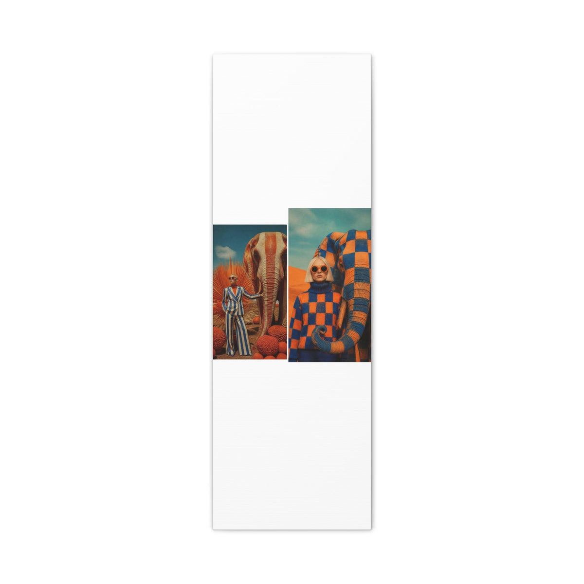 PURETE matte stretched canvas featuring a surreal desert art print with a woman and elephant in vibrant orange and blue