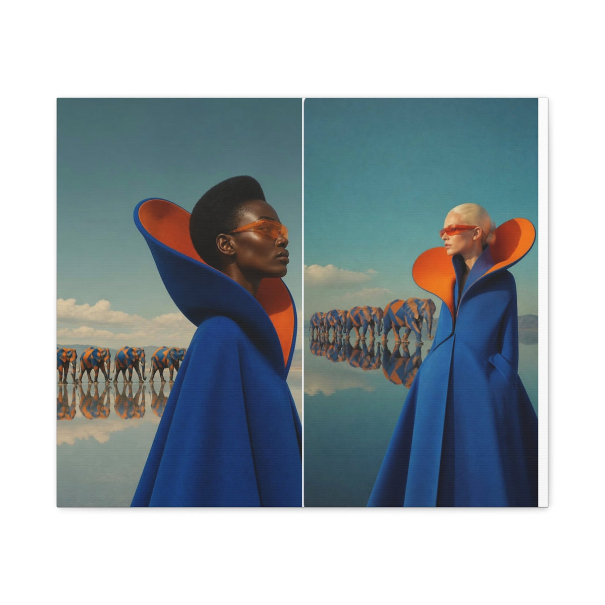 PURETE matte canvas featuring two models in blue capes with orange collars standing before a surreal elephant scene