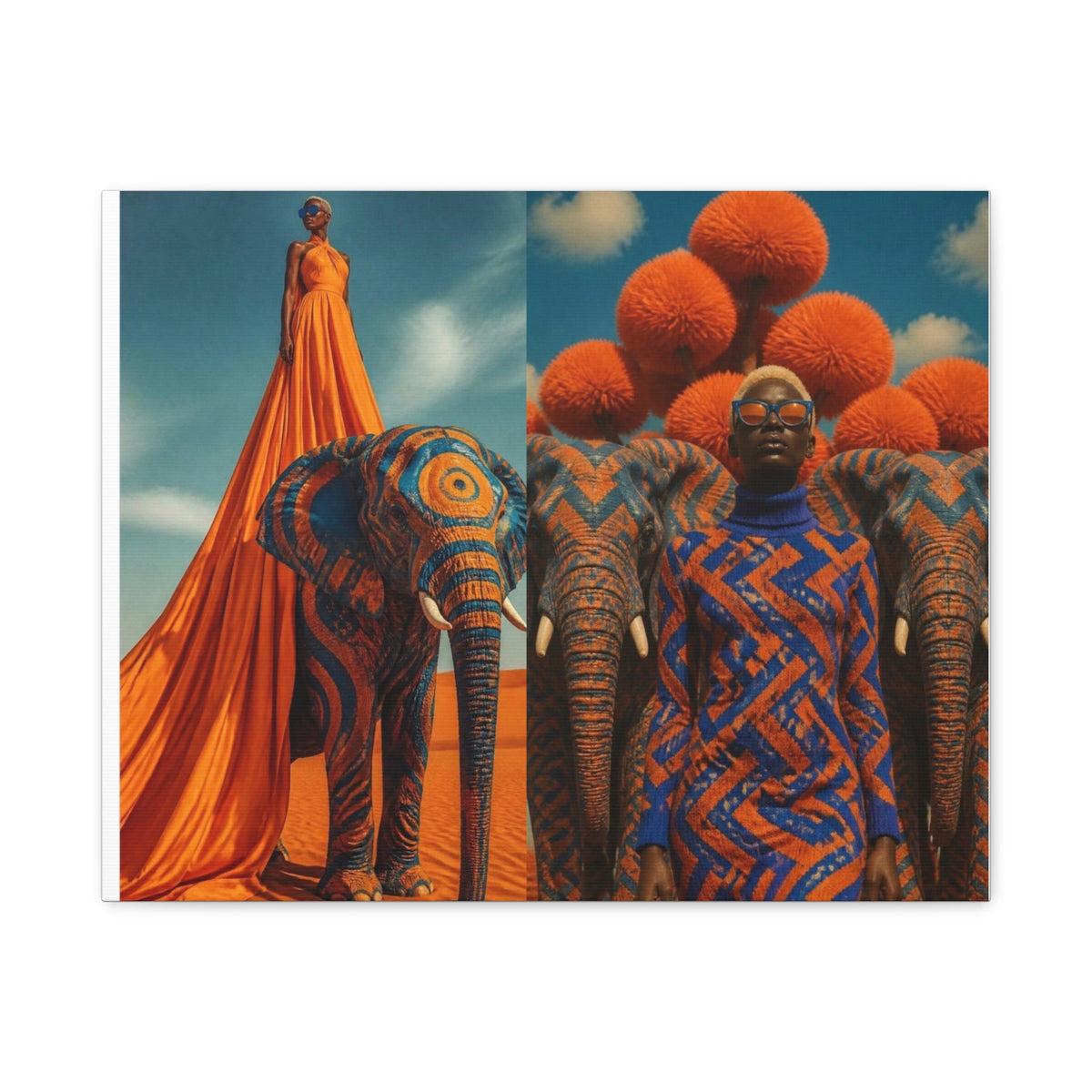 PURETE matte canvas featuring a split surrealist art print of models with elephants in orange and blue tones.