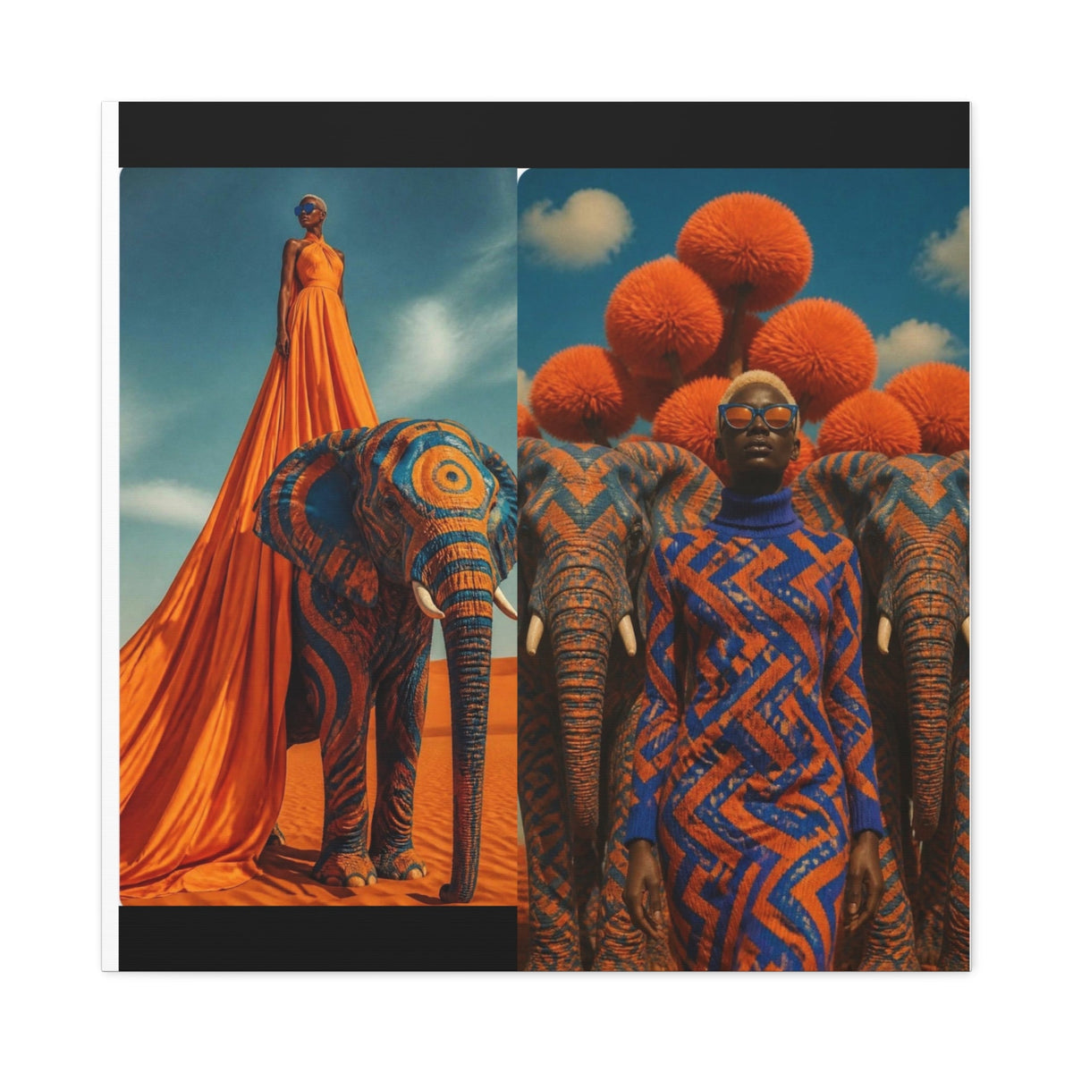PURETE matte canvas featuring a surreal desert scene with models in orange and blue patterns alongside painted elephants