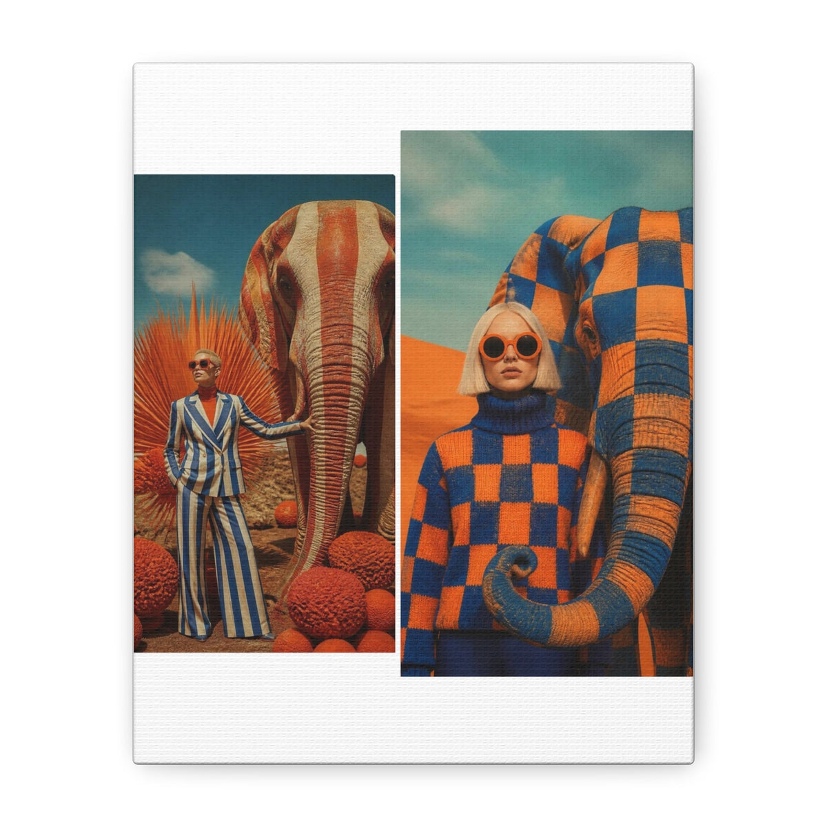PURETE matte canvas print featuring a surreal desert scene with two women and stylized elephants in orange and blue.