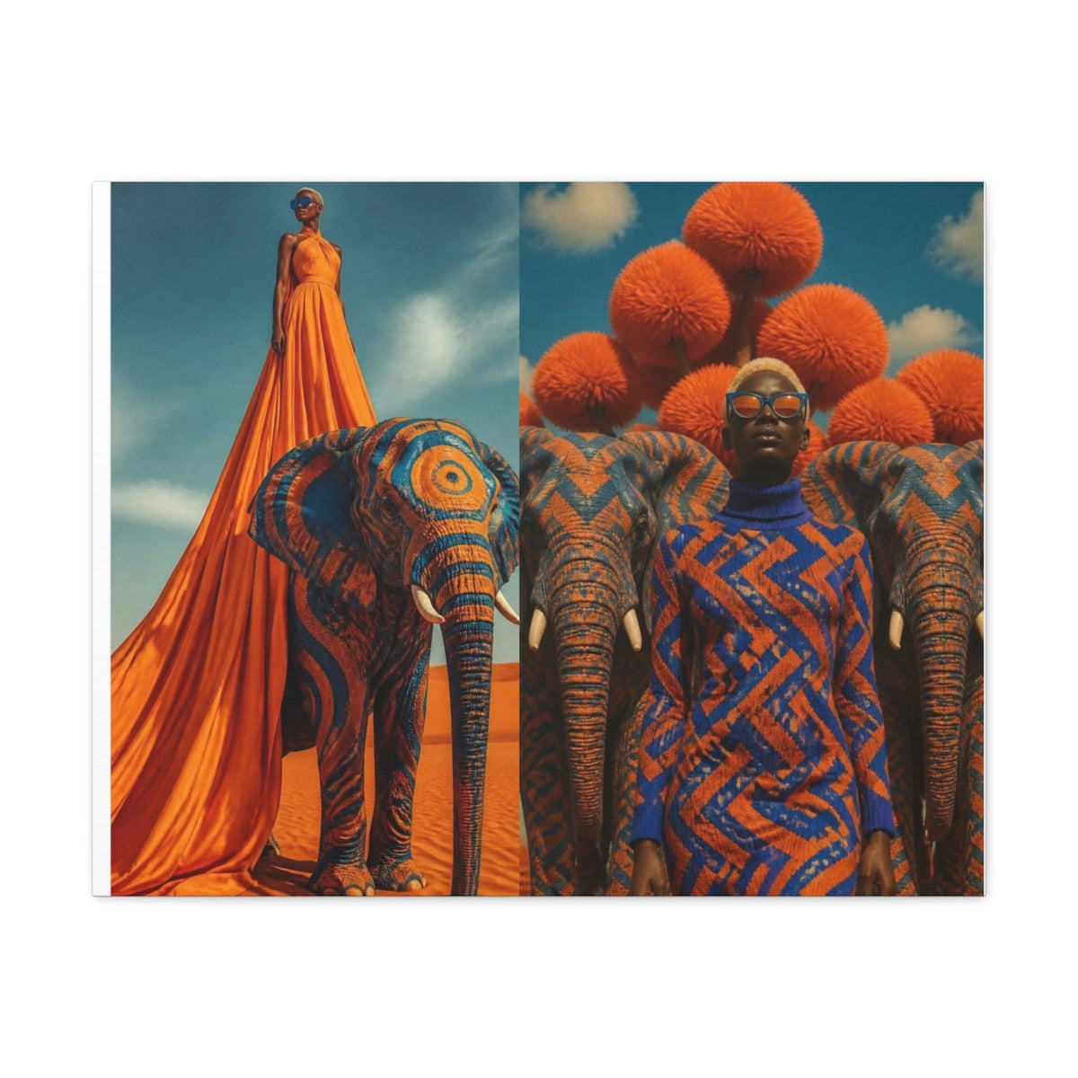 PURETE matte canvas featuring a surreal diptych of a model in orange attire with patterned elephants in a desert.