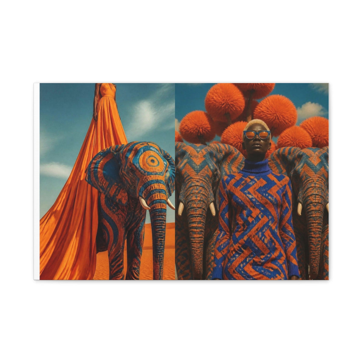 PURETE matte stretched canvas featuring a surreal desert scene with patterned elephants and a model in orange attire.