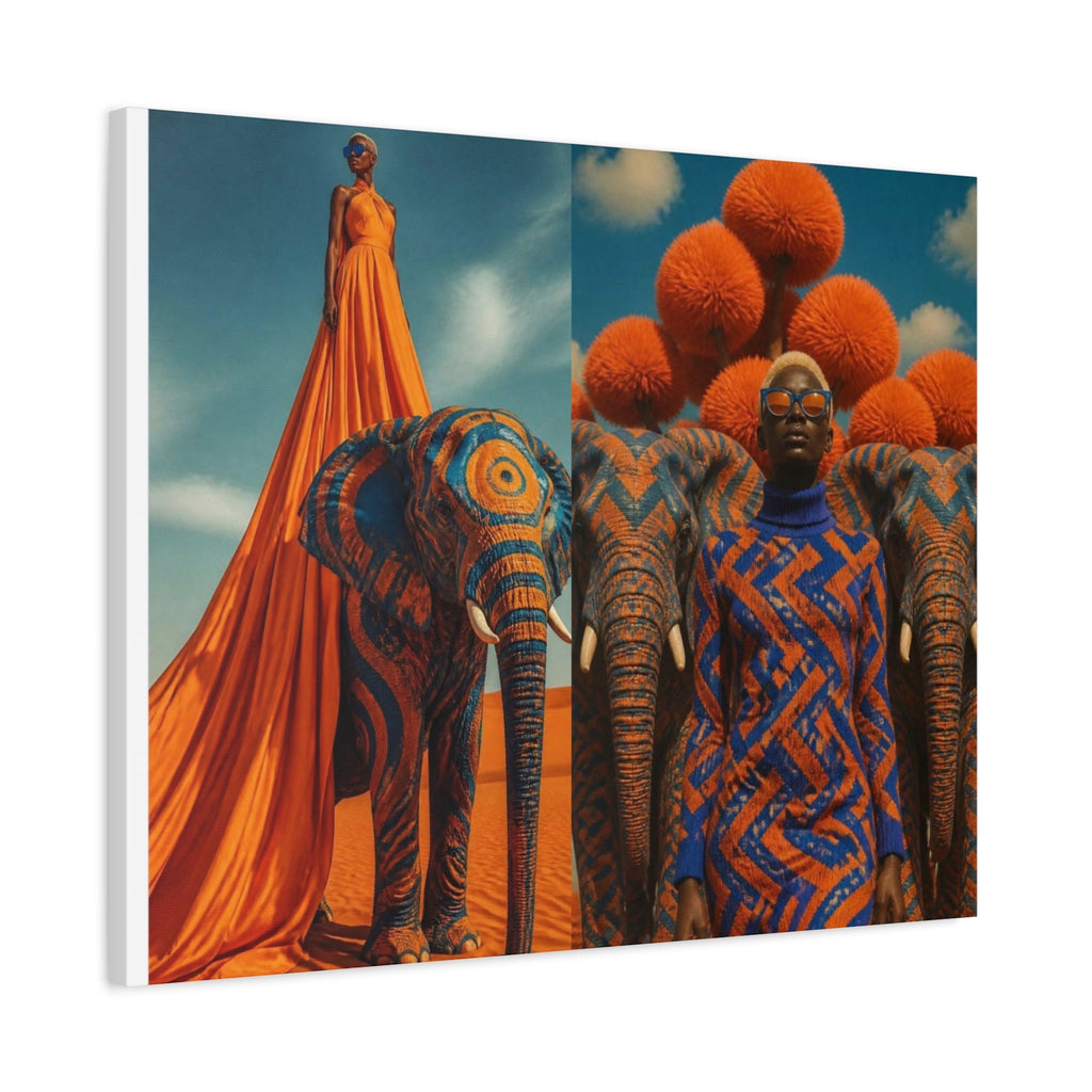 PURETE matte canvas print featuring a surreal desert scene with models in orange and blue patterned outfits and elephants
