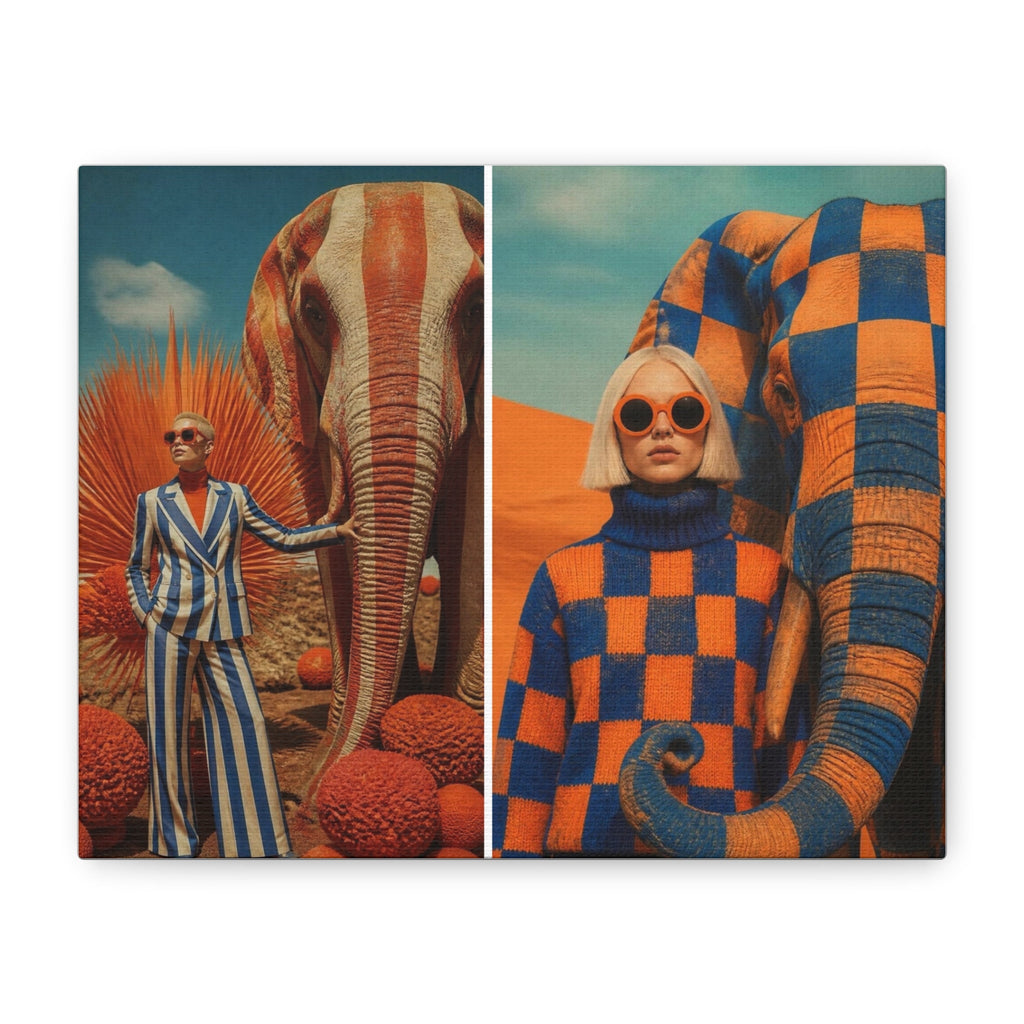 PURETE matte canvas print featuring a split design of surreal elephant art with a stylish woman in a desert landscape