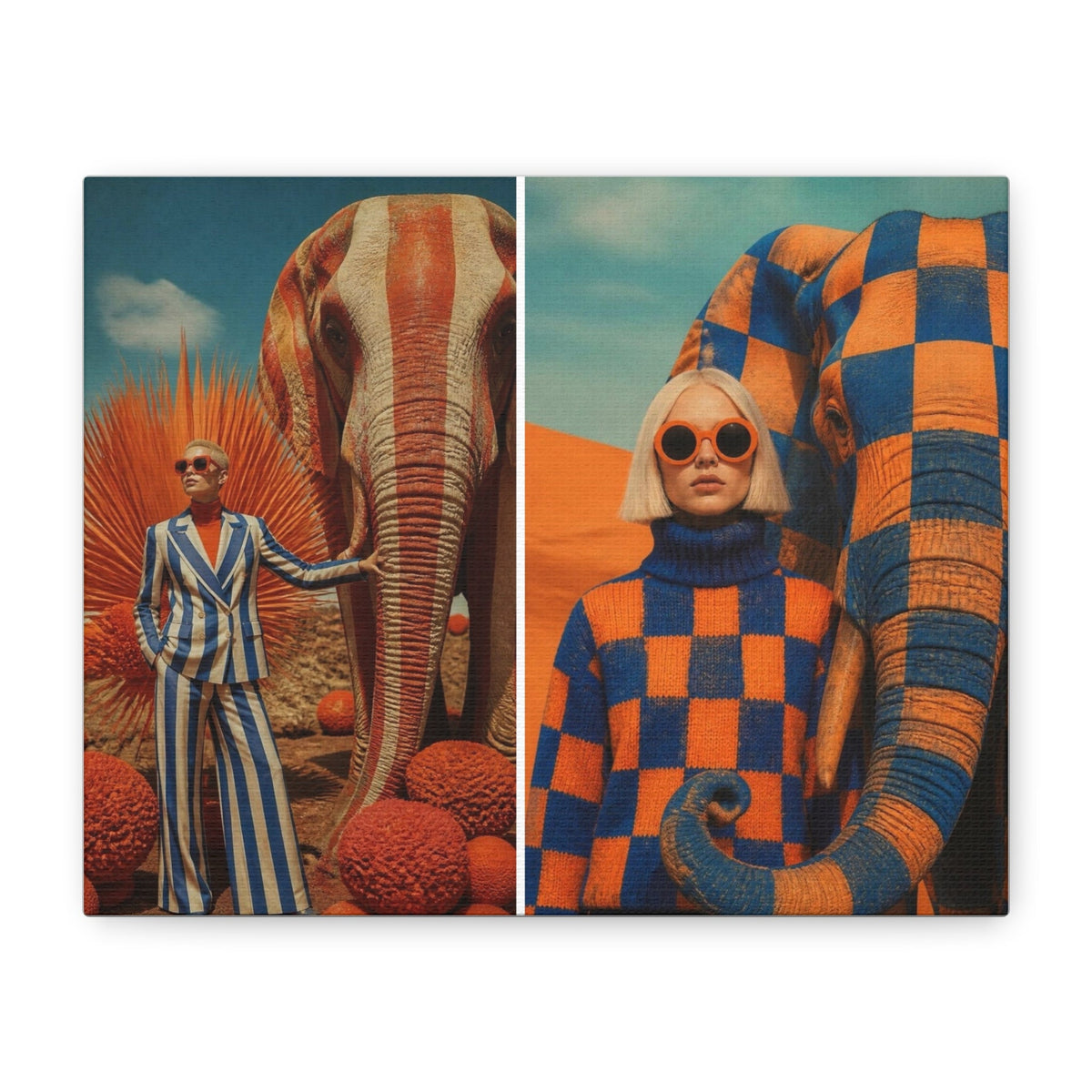 PURETE matte canvas print featuring a split design of surreal elephant art with a stylish woman in a desert landscape
