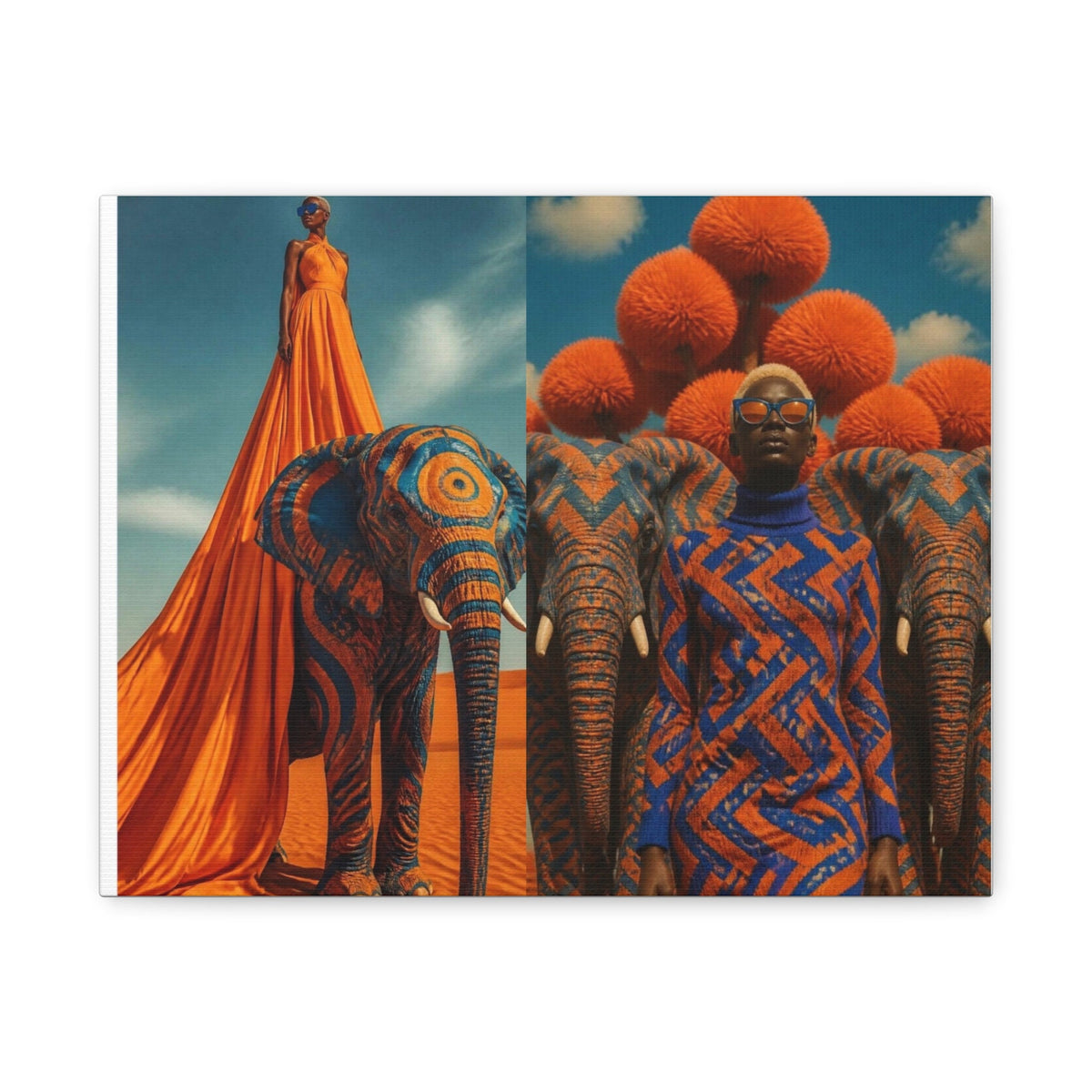 PURETE matte canvas featuring surreal artwork of a woman in an orange dress with elephants in a desert landscape.