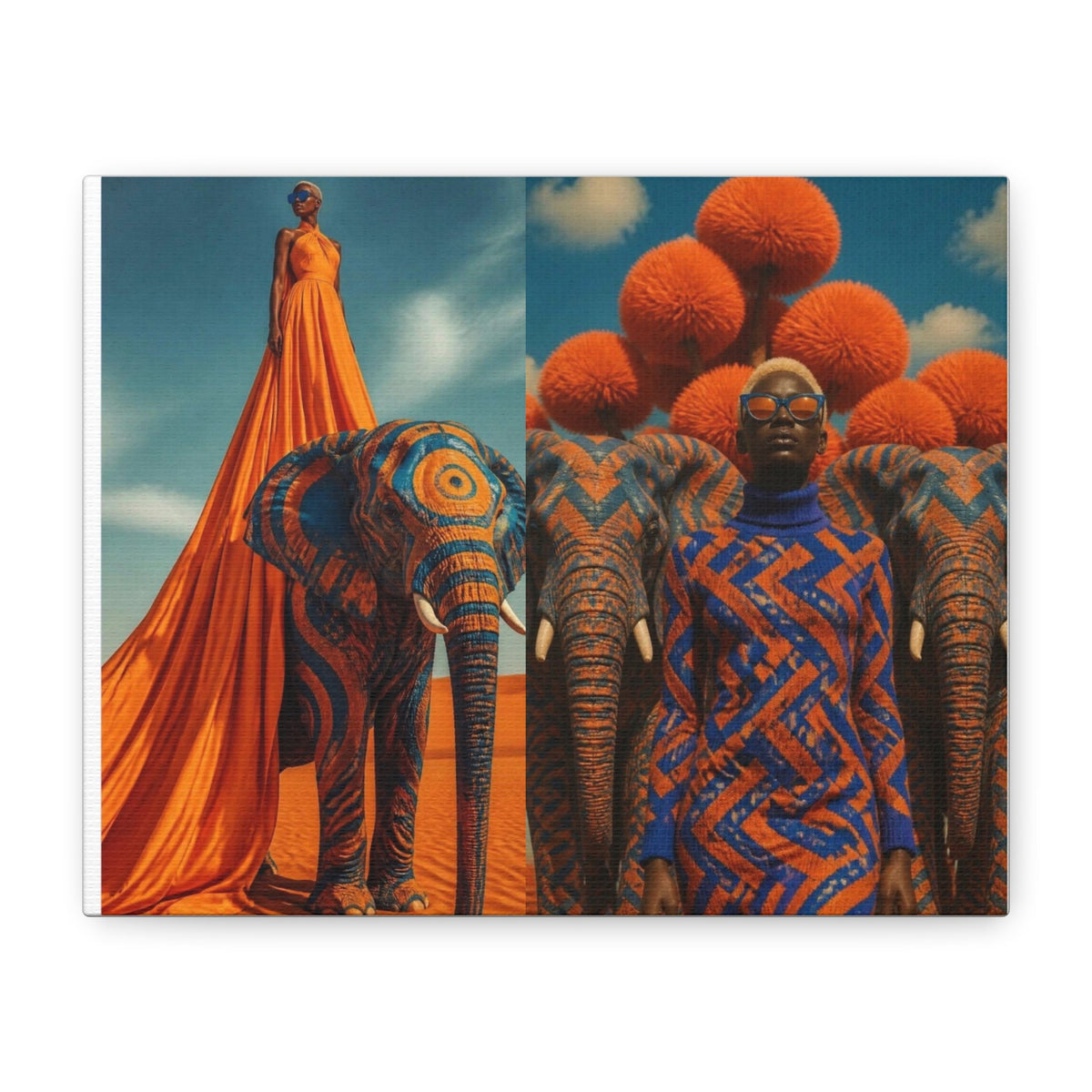 PURETE matte canvas featuring surreal artwork of models with patterned elephants and orange pom-pom trees in a desert.