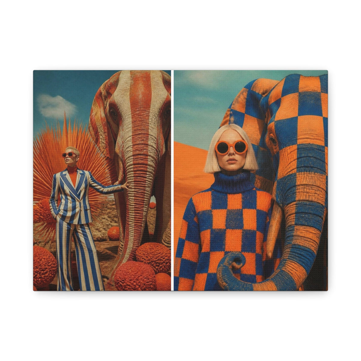 PURETE matte canvas featuring a surreal diptych of a woman with elephants in vibrant orange and blue patterns.